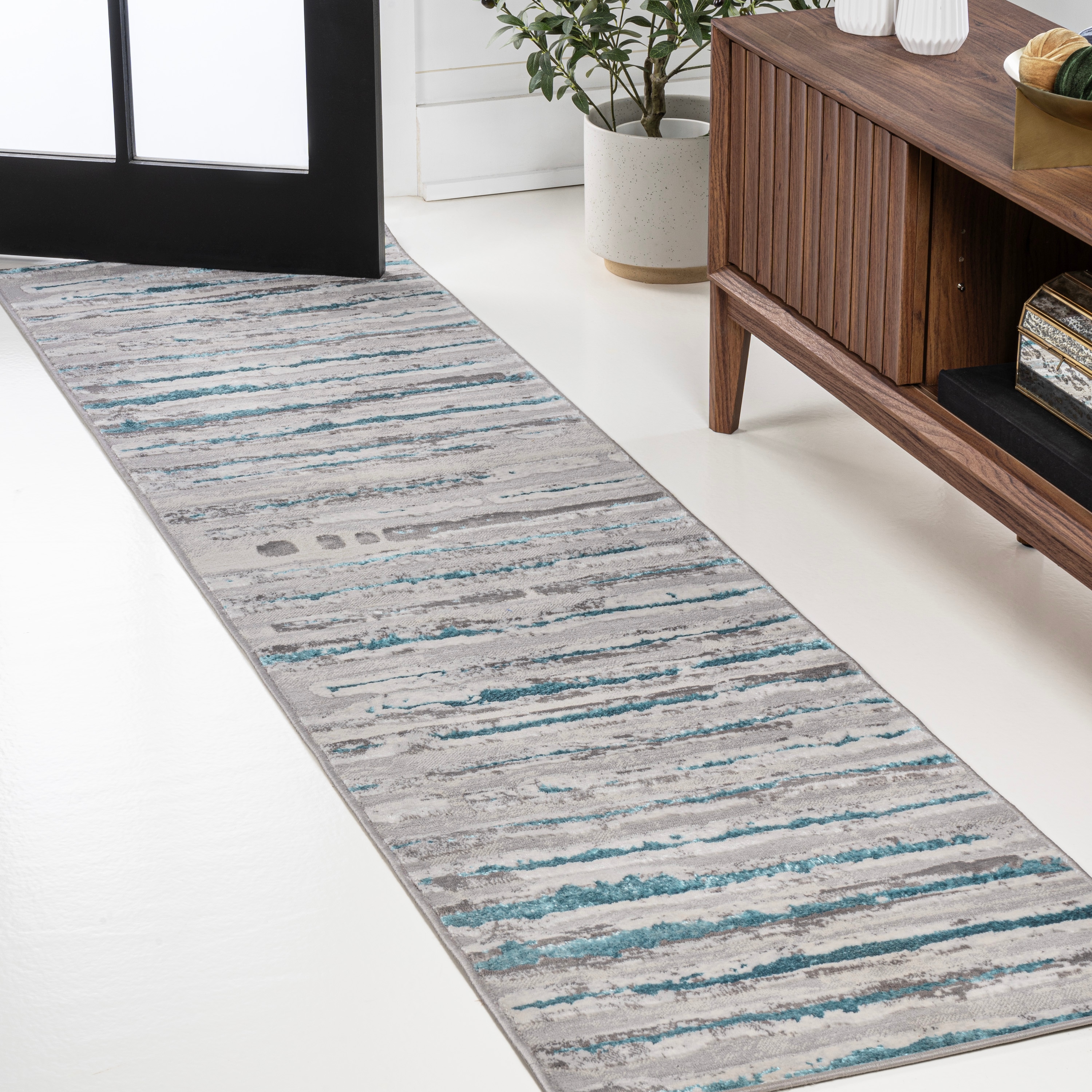 JONATHAN  Y SOR204A-210 Silk Orchid Batten 2 x 10 (ft) Loomed Polypropylene Gray/Turquoise Rectangular Indoor Solid Vintage Runner rug
