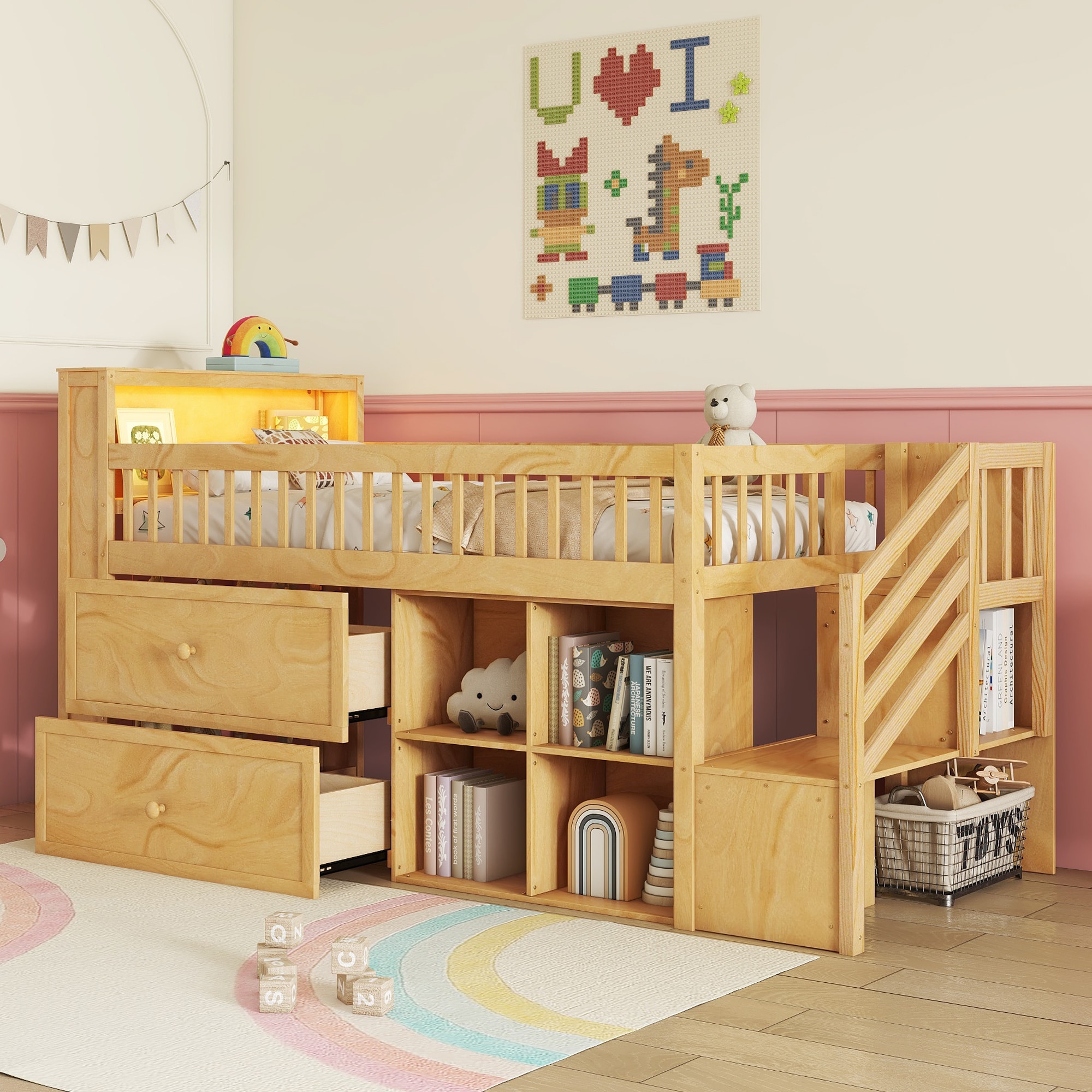 LOVMOR SF-R-W2593S00005 Twin Size Loft Bed with LED and Bookshelf Wood Low Loft Bed with Stairs Kids Twin Loft Bed with Storage Drawers and Shelves Natural