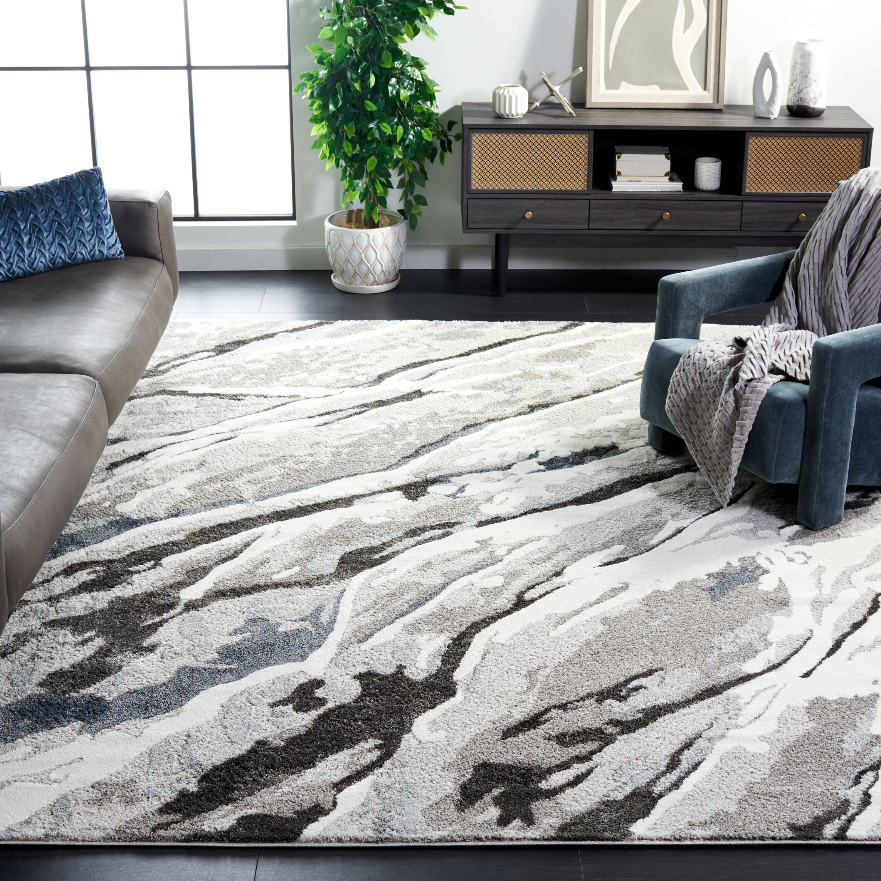 Century 300 9 x 12 (ft) Loomed Polypropylene Grey/Blue Rectangular Indoor Abstract Mid-Century Modern Spot Clean Only Area rug
