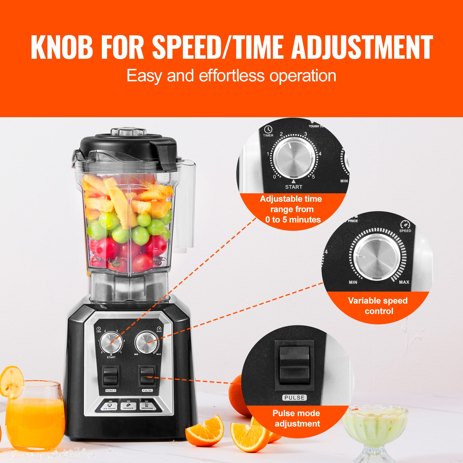 VEVOR Black Stainless Steel Commercial Countertop Blender with Variable Speed