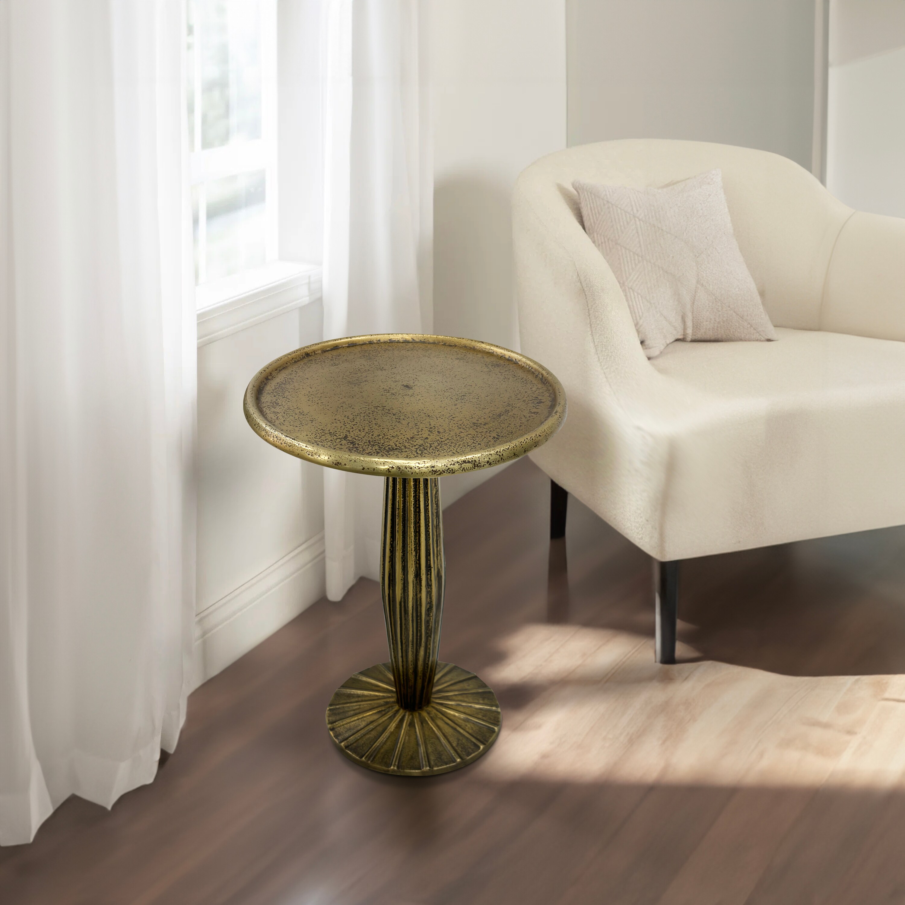 Antique Brass 12" Round Metal Side Table with Fluted Base