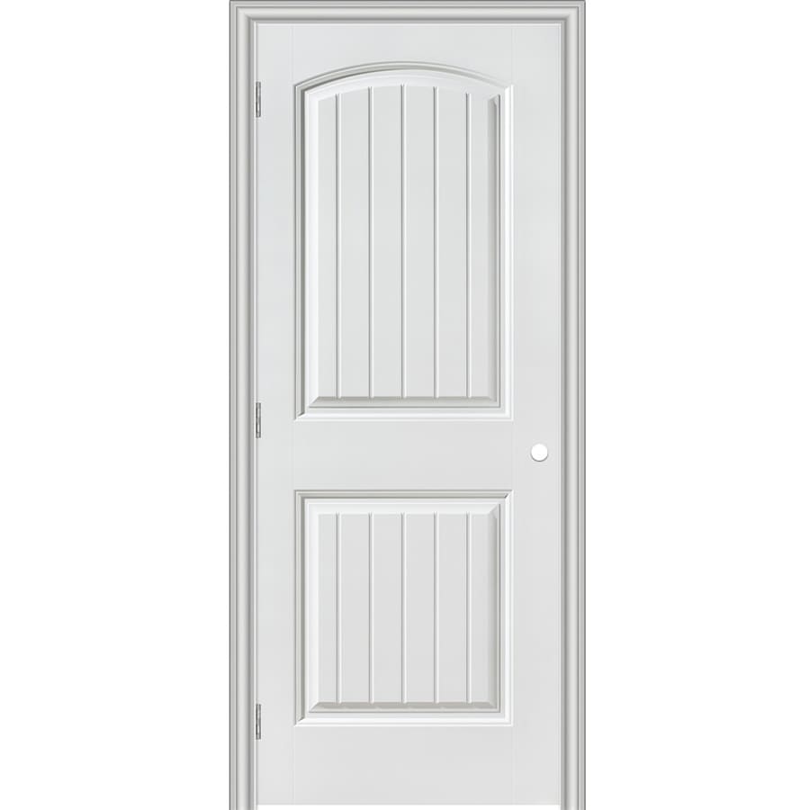 Masonite 175344 24-in x 80-in (primed) Hollow core 2-panel round top plank No glass Right hand Smooth Primed Molded composite Split Jamb Single Prehung Interior Door 366 Casing