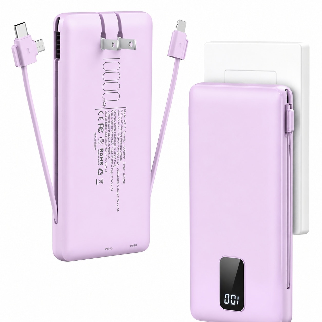 AOIZGMY  Portable Charger 10000mAh with Built-In USB-C Micro and Lightning Cables Foldable AC Plug 5.95 x 2.76 x 0.72 in 1 Piece for Travel