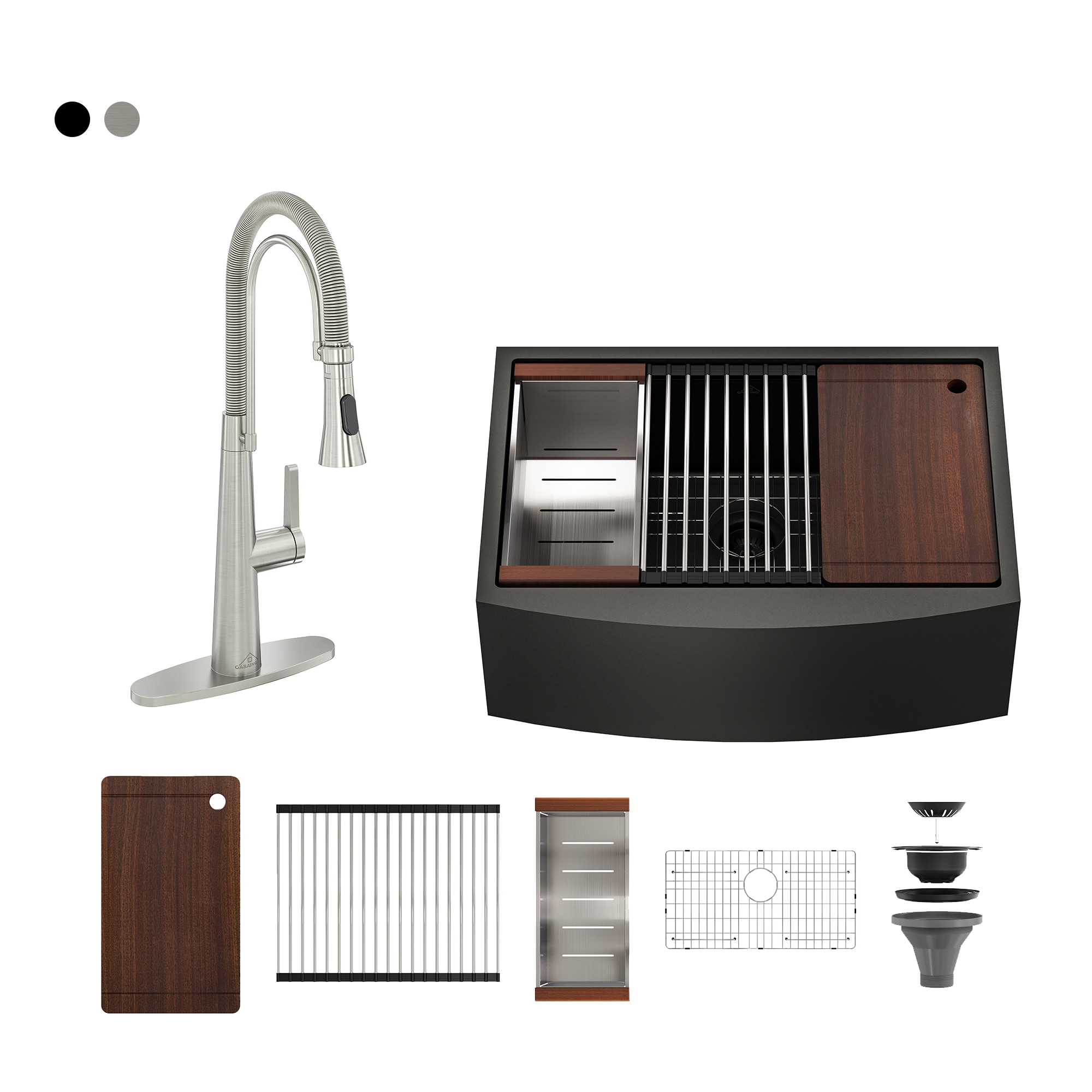 CASAINC KCSL0003-FS30BN Farmhouse apron front 30-in x 22-in Stainless steel Single bowl 16 -Gauge Workstation Kitchen Sink All-in-One Kit with Drainboard