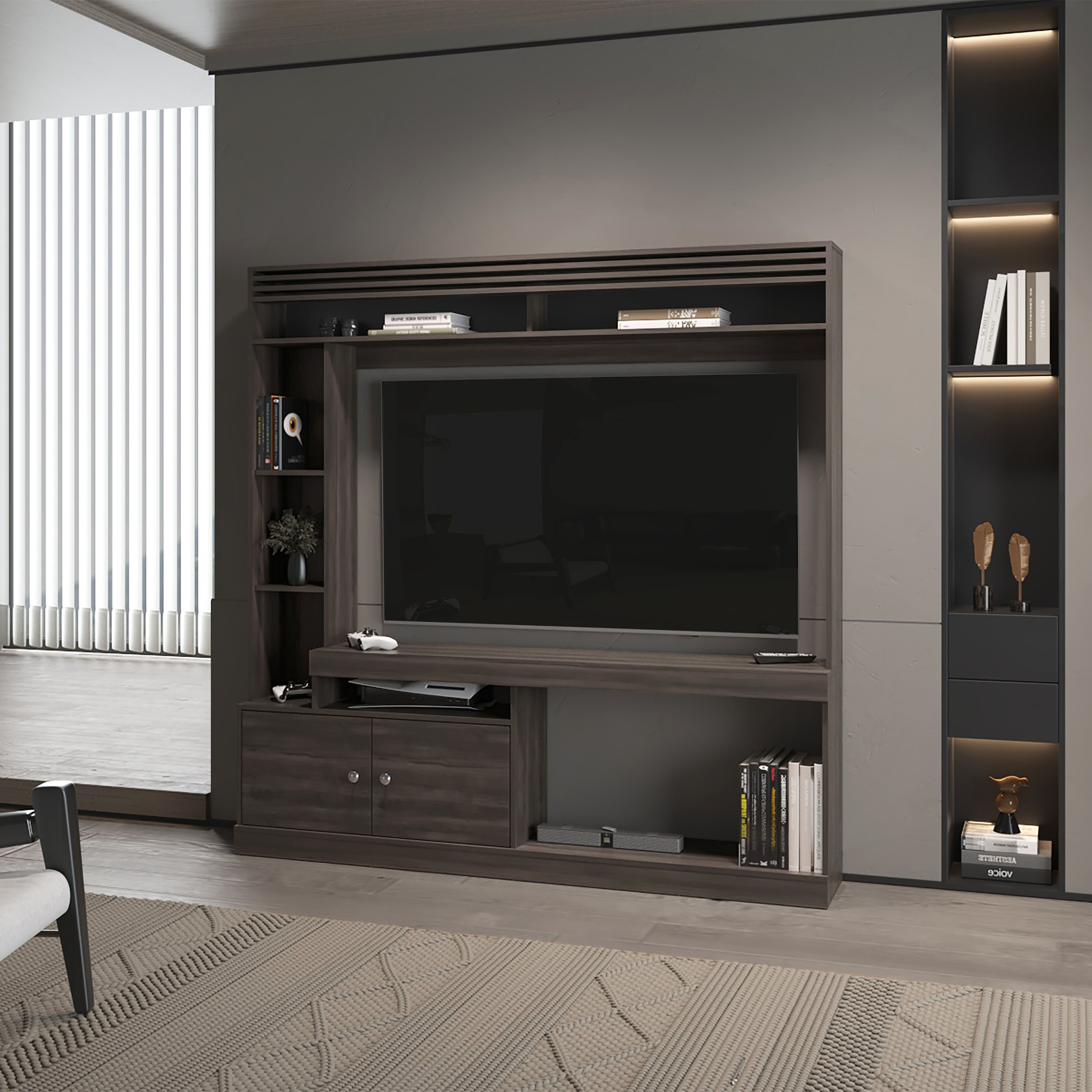 LOVMOR SF-X-B128S00044 Rock House Entertainment Center 2 Doors Open Storage Stained Walnut