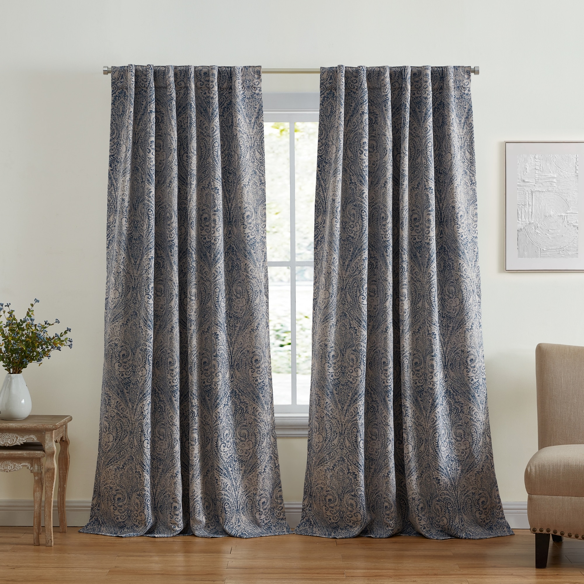 Elrene Home Fashions 194590203375 84-Inches Blue Paisley Blackout Interlined Back tab/Pinch pleat/Rod pocket Single curtain panel