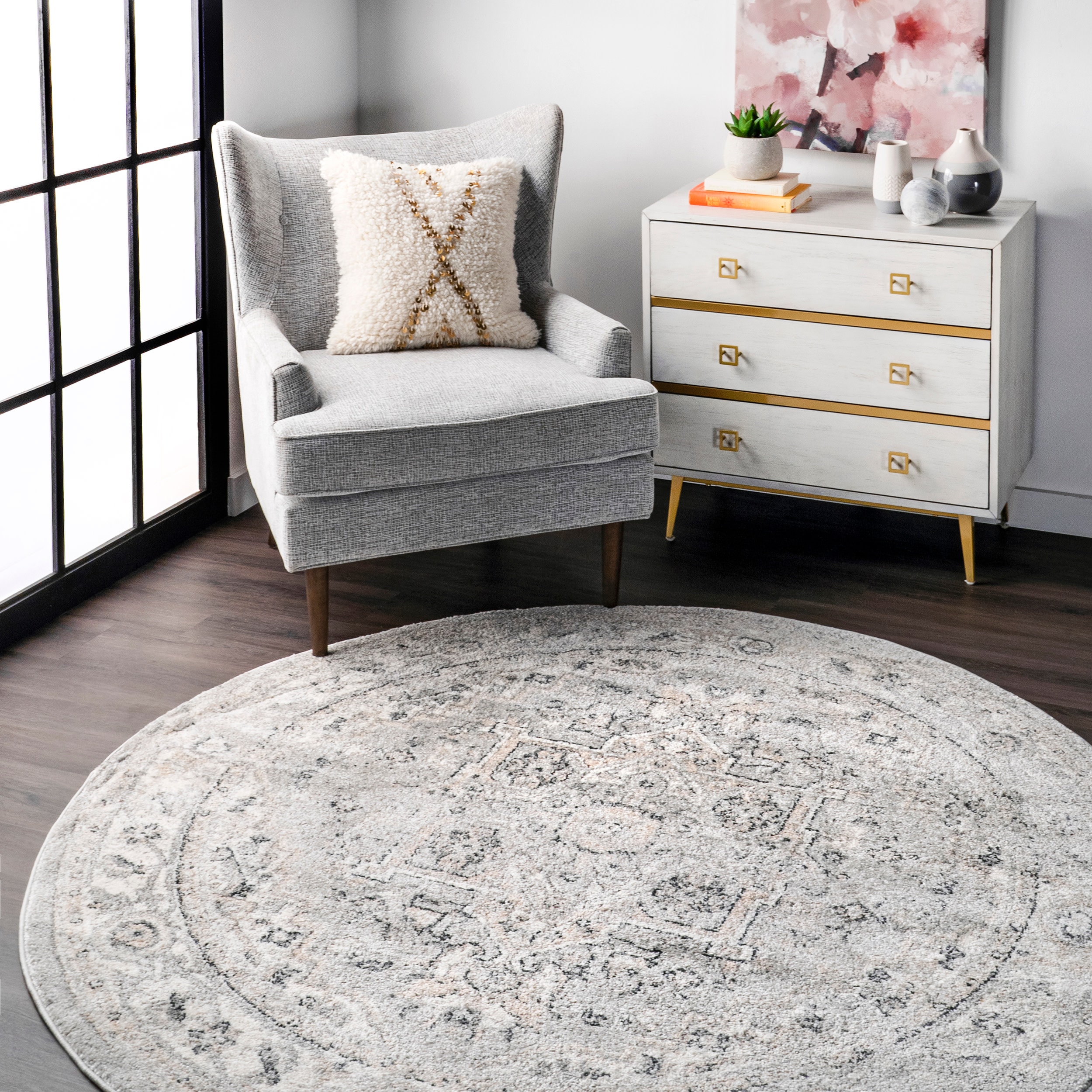 nuLOOM ACSD05A-R606 Gena 6 x 6 (ft) Loomed Polypropylene Light Grey Round Indoor Medallion Area rug