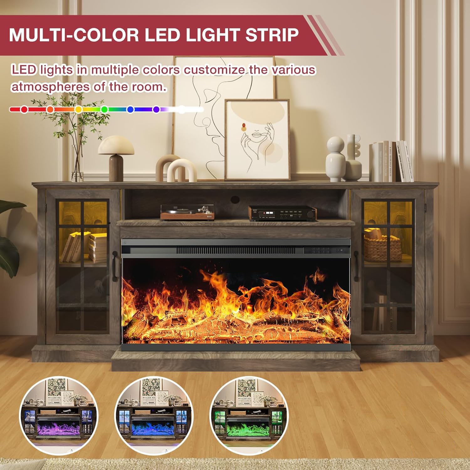 AOXUN 70-in W Gray TV Stand with LED Electric Fireplace