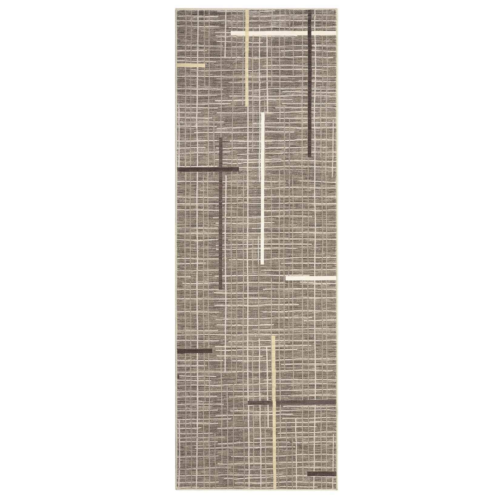 Qeetex LSN-PHK-339LH5GB 2 x 6 ft Polyester Yarn Cashmere Brown Rectangular Hallway Bathroom Entryway Kitchen Office Foldable Geometric Modern Washable Area Rug