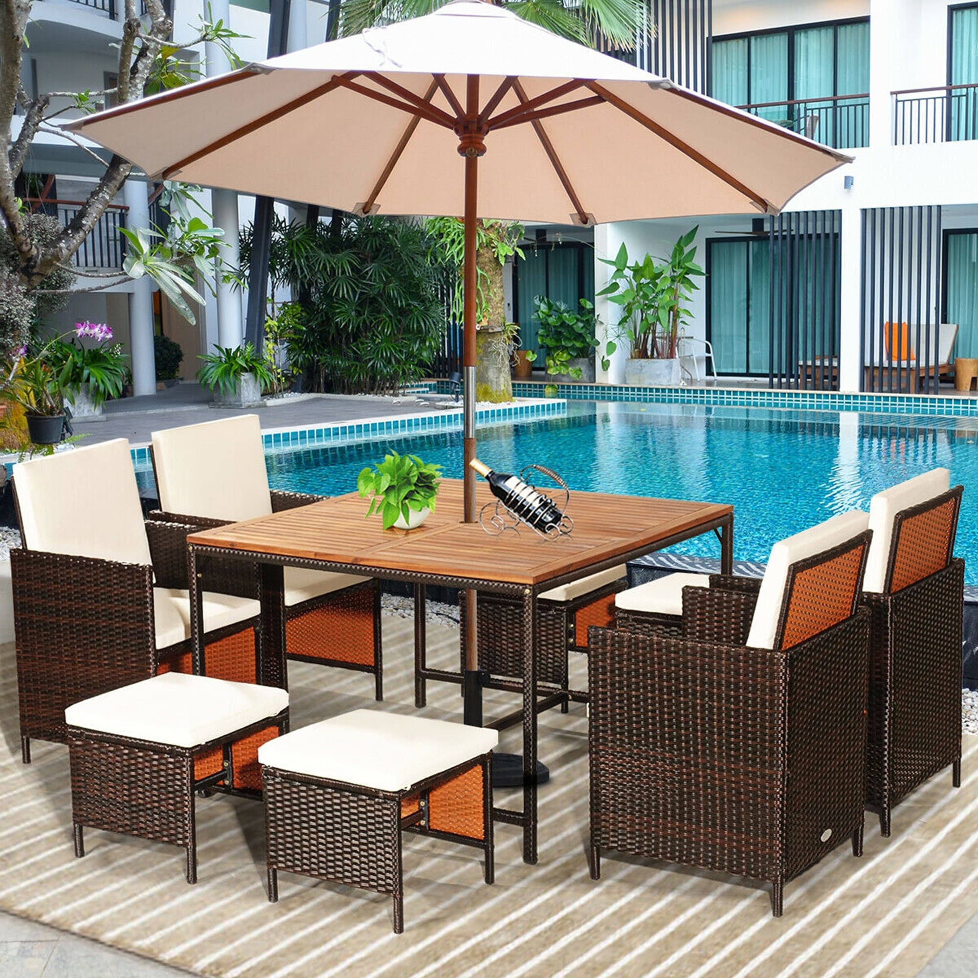 Clihome CL-WH+-70674 Patio Furniture Set 9 -Piece Brown Wicker Patio Dining Set Wicker Square Table with 6 White Cushions Stationary Chairs