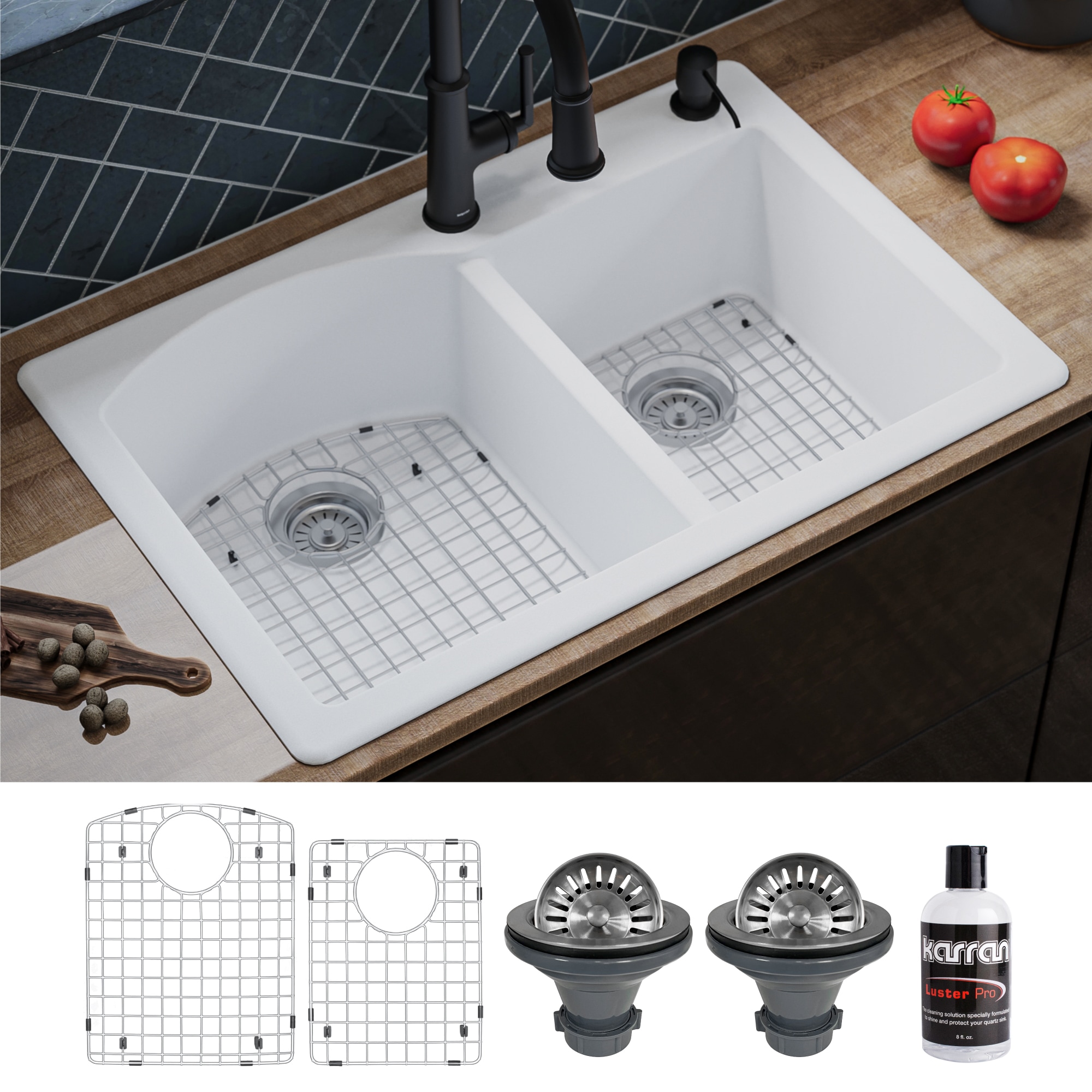 Karran QT-610-WH-PK1 Drop-in 33-in x 22-in Quartz Double offset bowl 1-Hole Kitchen Sink