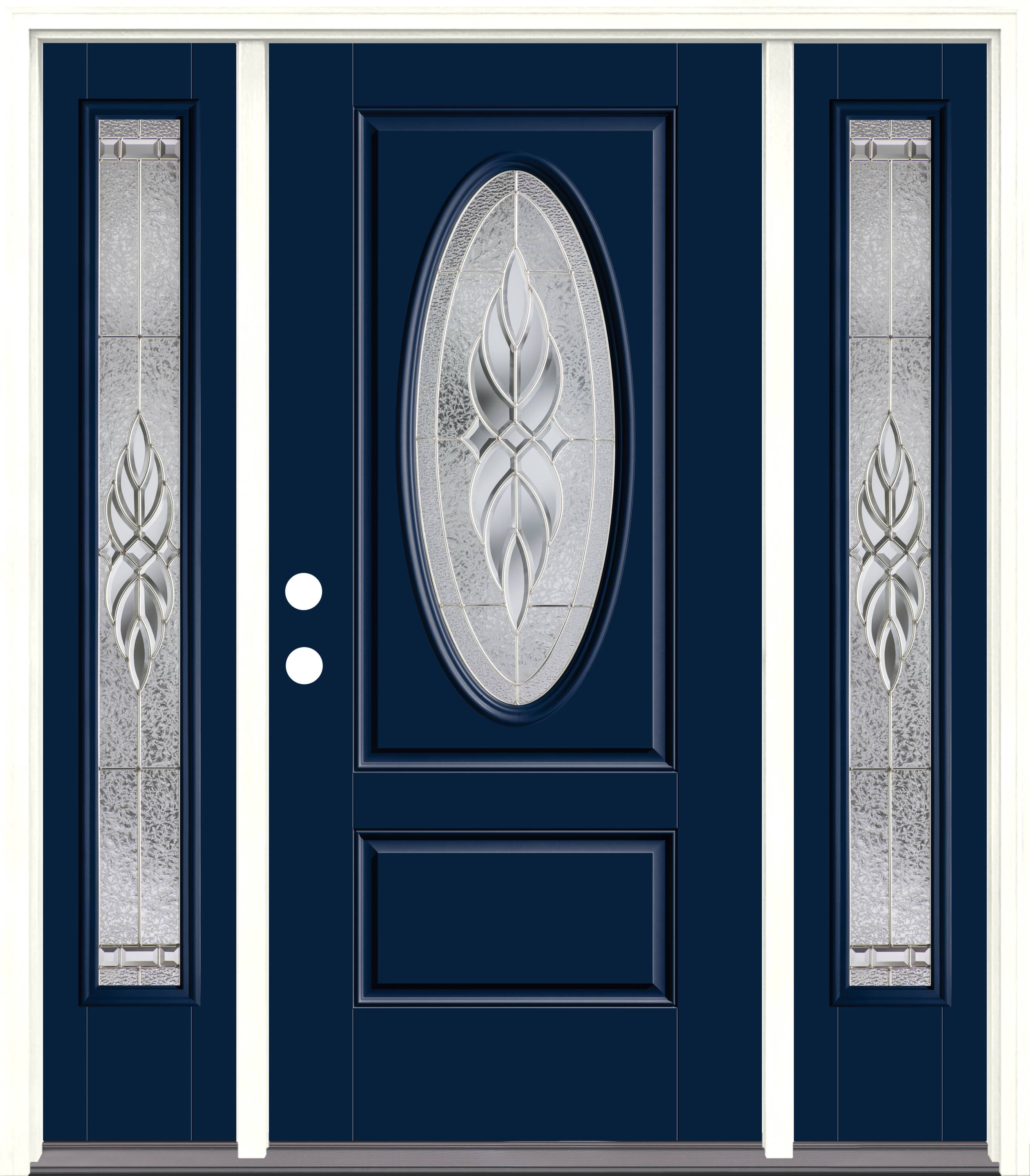 Therma-Tru Benchmark Doors TTB641541SOS Varissa Entry Door 68-in x 80-in x 6-9/16-in Fiberglass Oval lite Right-hand inswing Navy Painted Prehung Front Door with Sidelights with Brickmould Insulating core
