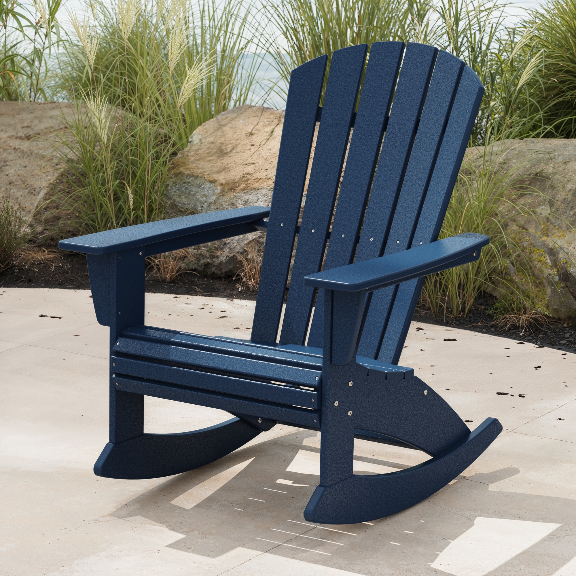 POLYWOOD ADR610NV Nautical Navy Plastic Frame Rocking Chair with Slat Seat