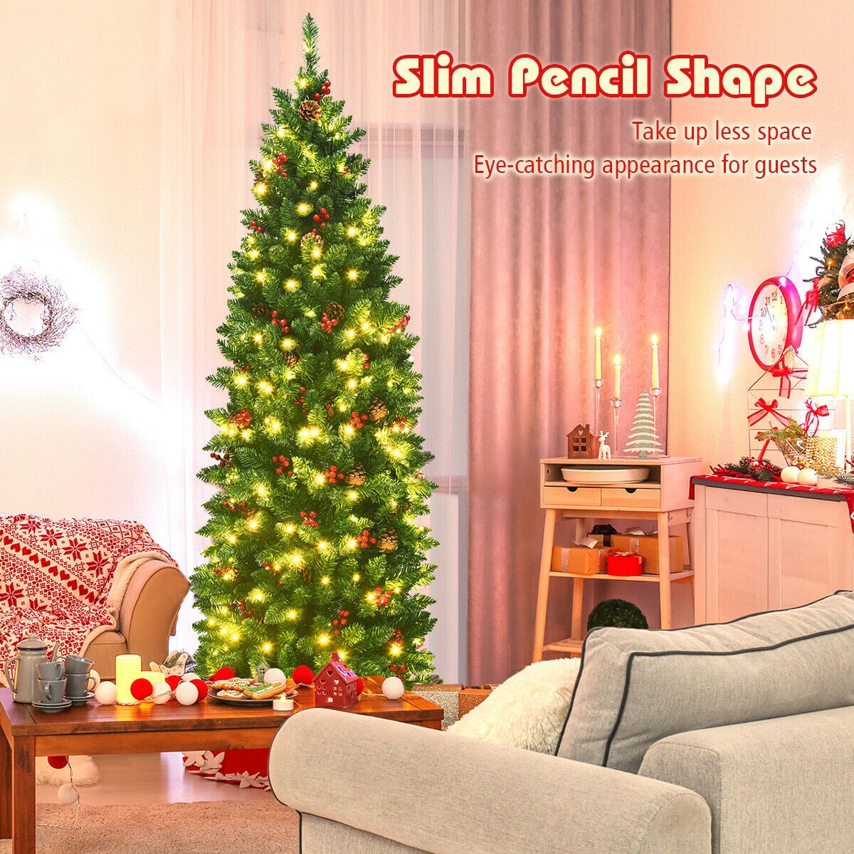 6.5ft Pre-Lit Slim Green Fir Christmas Tree with Pine Cones and Berries