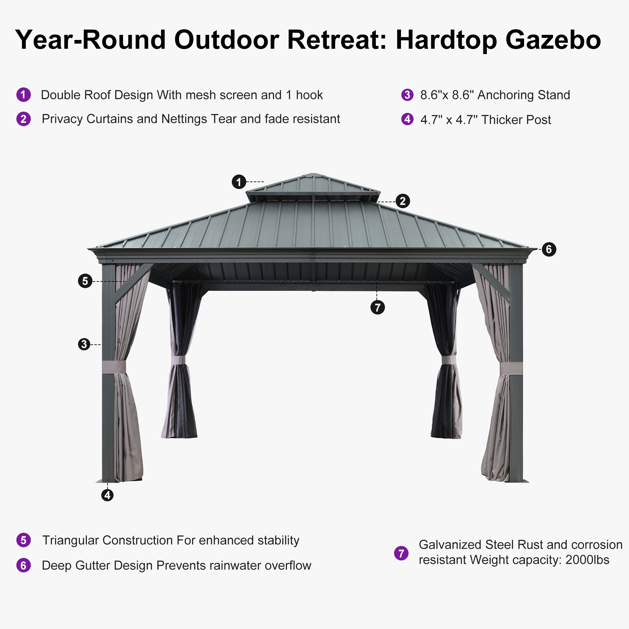 Grey 13' x 13' Gazebo with Galvanized Steel Roof and Curtains