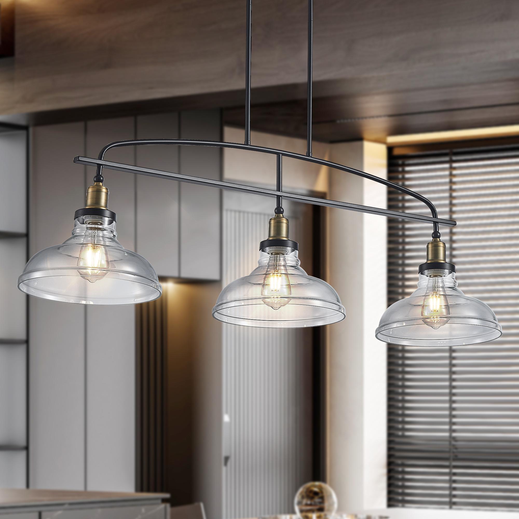Bayfeve 45-in 3-Light Black Industrial Linear Pendant Light with Clear Glass Shades for Kitchen Island (Bulb Not Included)