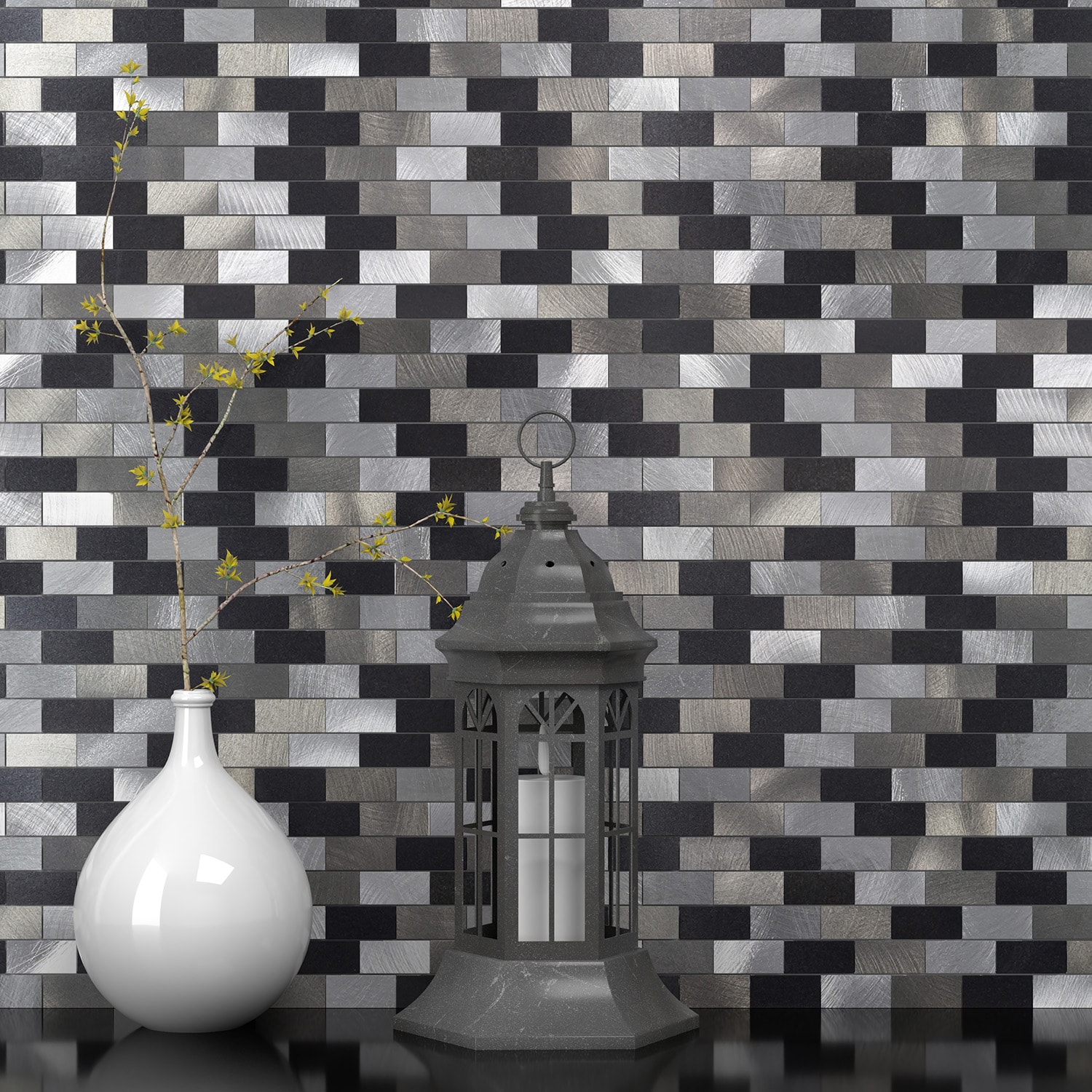 Peel&Stick Mosaics Metro Medley Black and Silver 11-in x 12-in Metallic Metal Brick Peel and Stick Wall Tile (0.89-sq. ft/ Piece)