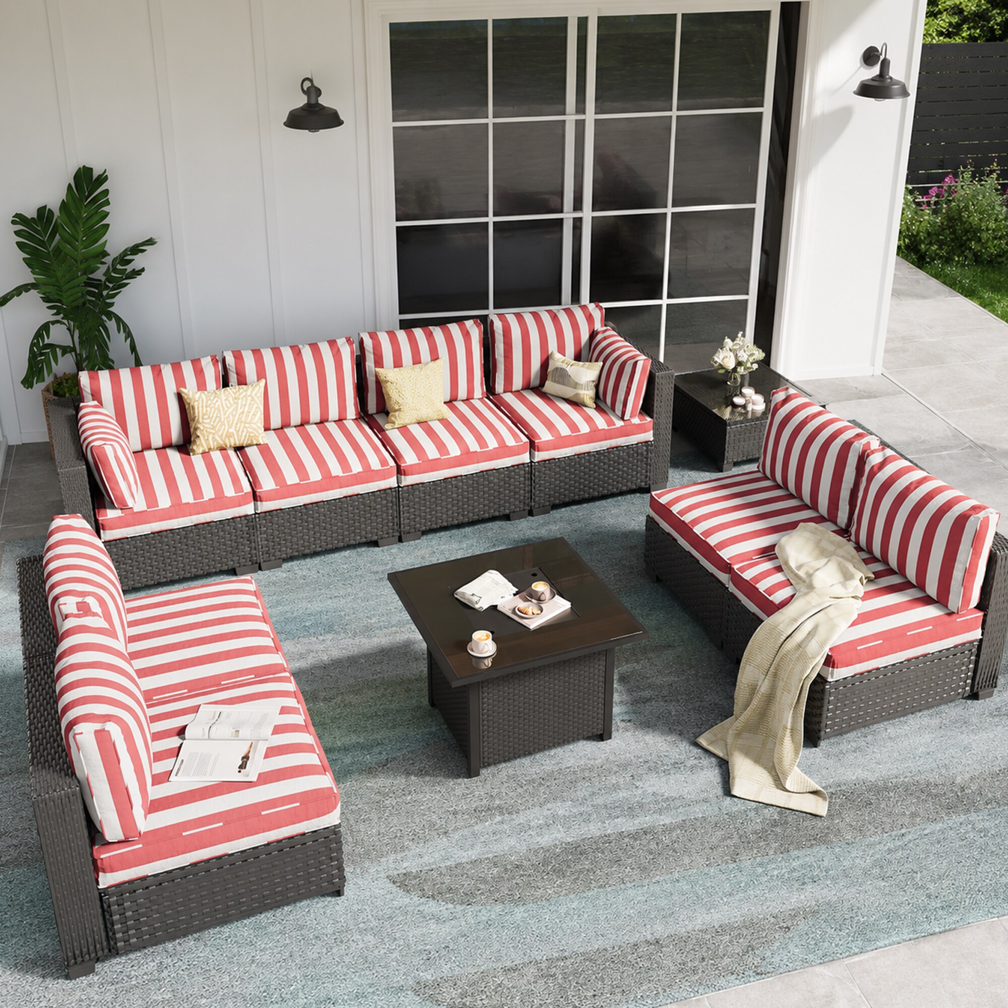 HYALON 9-Piece Wicker Outdoor Patio Conversation Sectional Seating Set with Middle Chairs and Striped Red Cushions