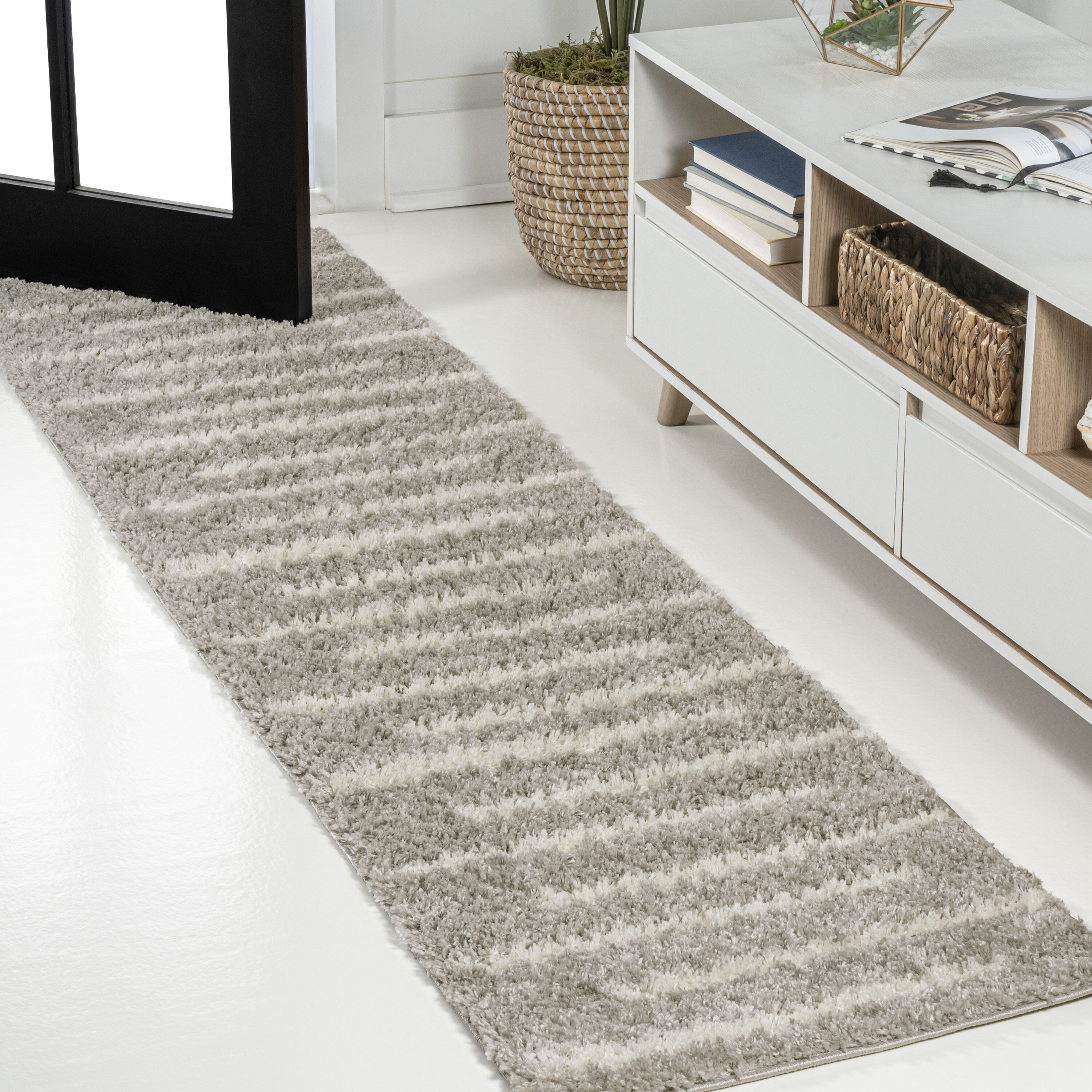 JONATHAN  Y MOH402B-210 Moroccan HYPE Alaro Berber Shag 2 x 10 (ft) Loomed Polypropylene Gray/Ivory Rectangular Indoor Stripe Mid-Century Modern Runner rug