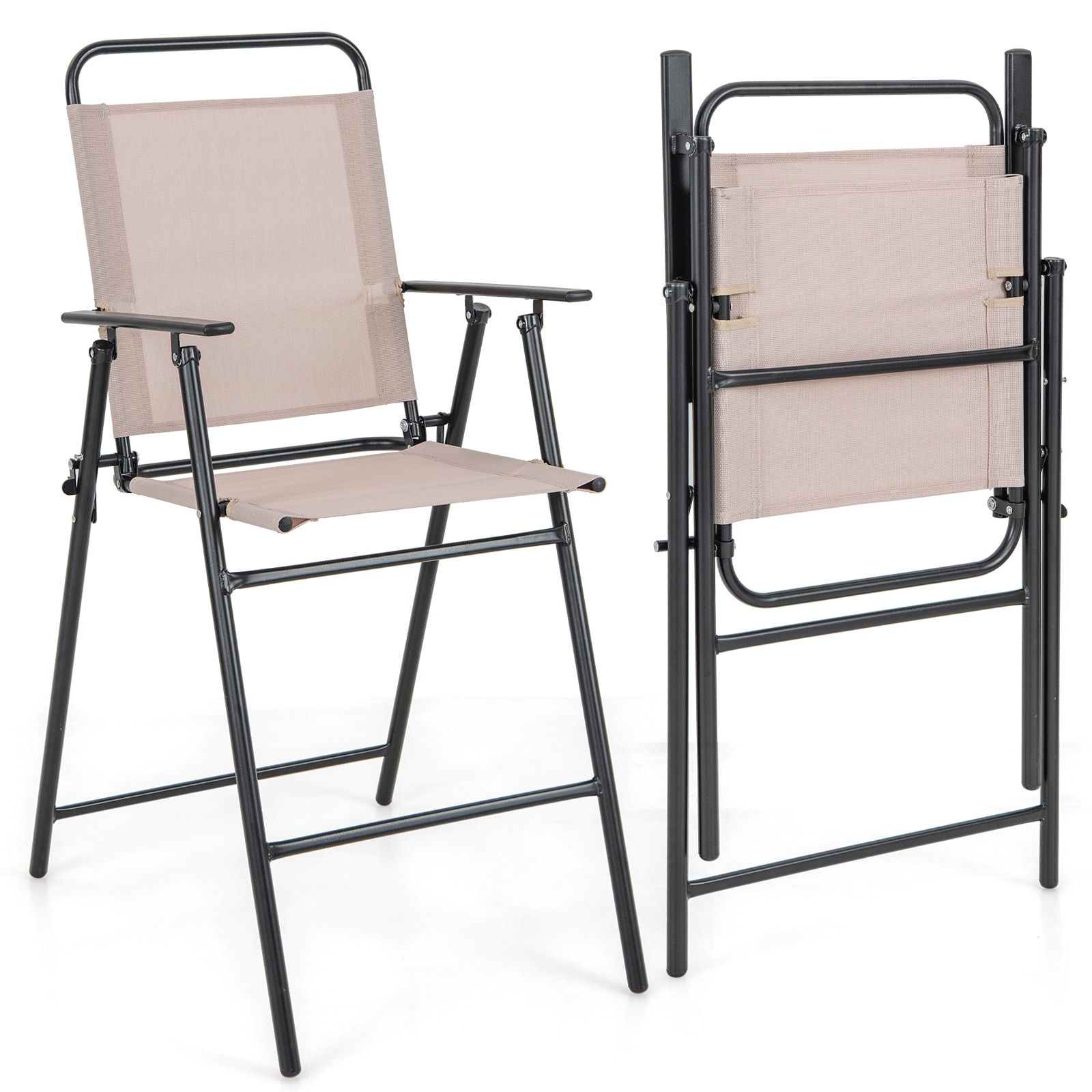 Slickblue D-CO-2-EB65311PN Set of 2- Beige 24 inch Folding Patio Bar Chairs with Mesh Seat Metal Frame Backrest Armrests Footrest for Poolside Deck Balcony