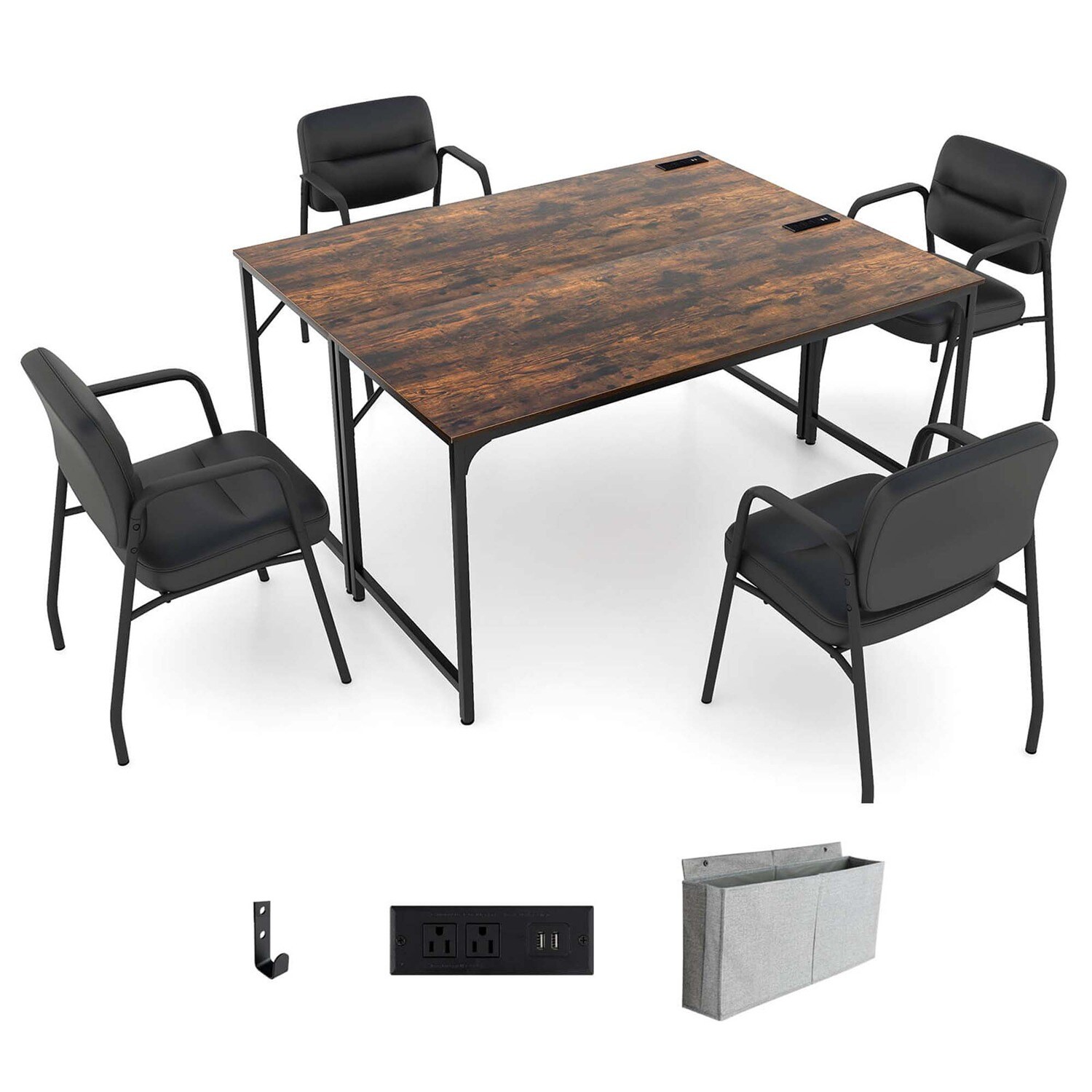 Costway HCST02053 Set of 2 Meeting Room Desk with Charging Station and Headphone Hook Metal Frame Brown