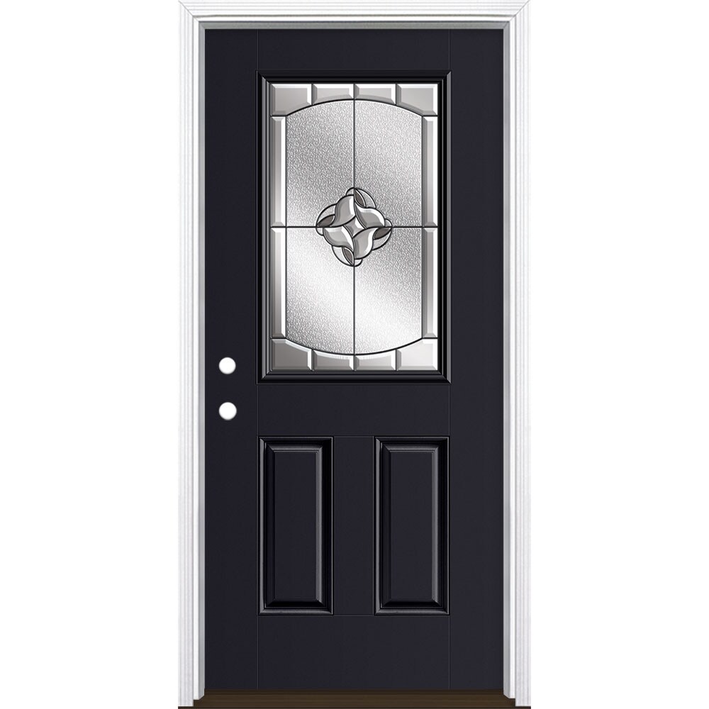 Masonite 3423166 Rozet 36-in x 80-in x 4-9/16-in Fiberglass Half lite Right-hand inswing Peppercorn Painted Prehung Single door Front Door with Brickmould Insulating core Decorative glass