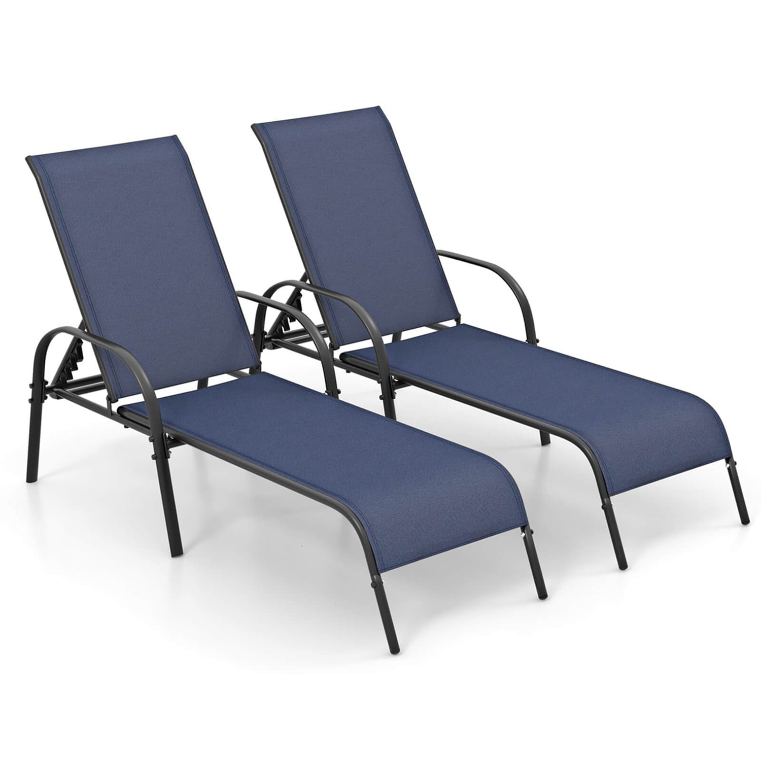  2 PCS Patio Lounge Chair Chaise Adjustable Reclining Armrest Navy
