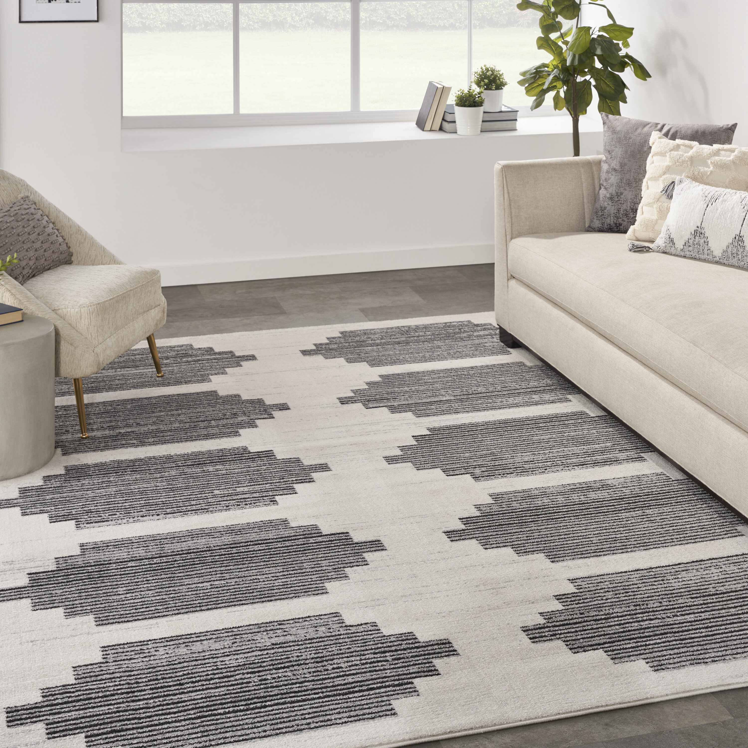 Nourison 099446107053 Modern Passion 8 x 10 (ft) Loomed Polypropylene Ivory/Grey Rectangular Indoor Geometric Mid-Century Modern Area rug