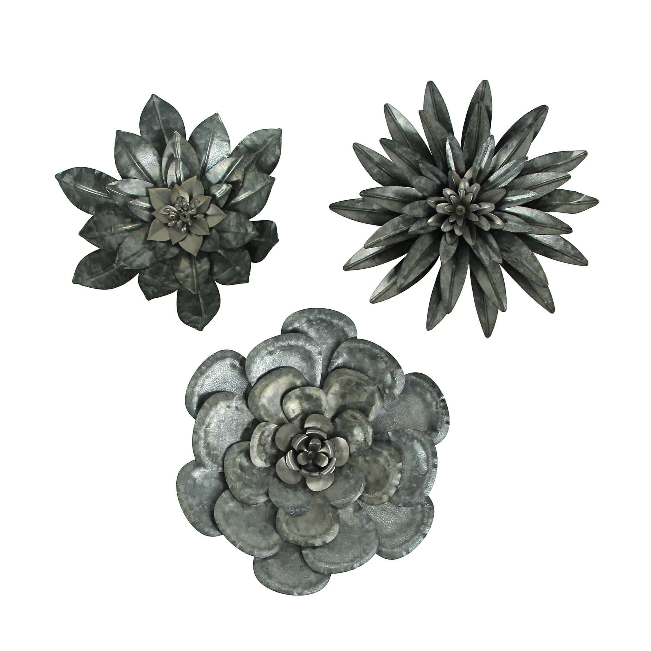 Zeckos ZKO-99217 Set of 3 Galvanized Metal Flower Wall Hanging Sculptures Home Decor Floral Art 10 Inches High - Nature Accents For Country or Farmhouse - Easy Install
