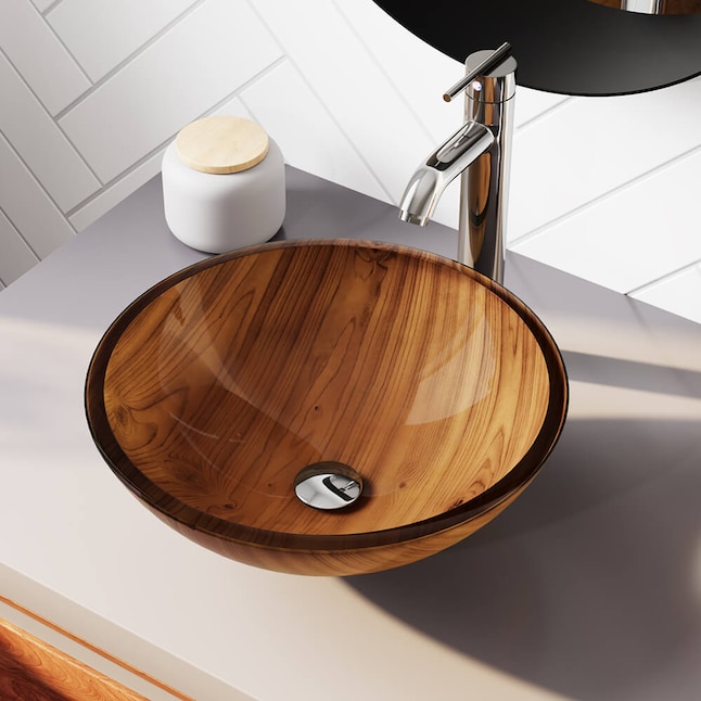 Mr Direct Wood Grain Tempered Glass Vessel Round Modern Bathroom Sink With Faucet Drain Included 16 38 In X The Sinks Department At Com - Smelly Bathroom Sink Hole Accessories