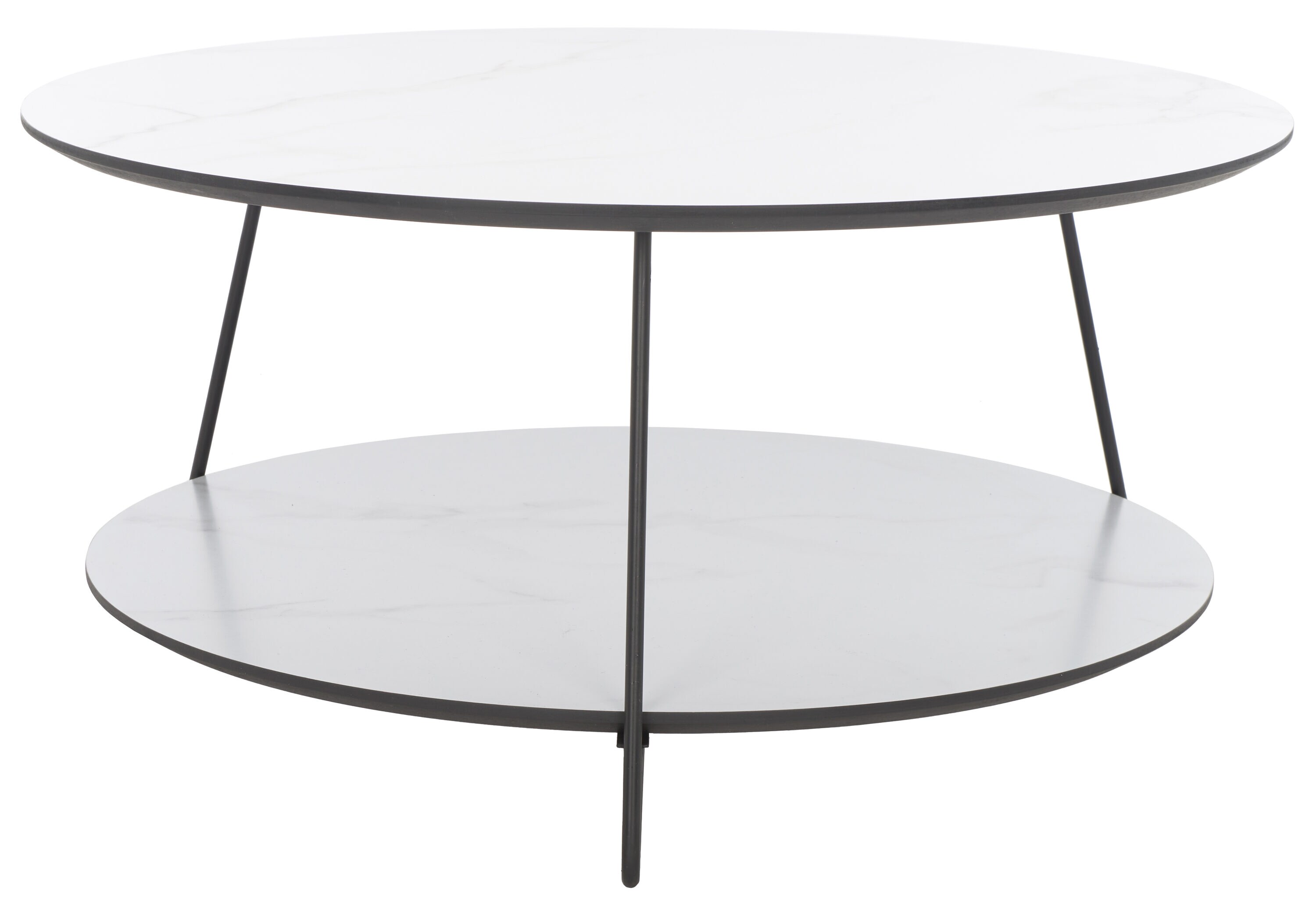 White Faux Marble Round Cocktail Table with Black Hairpin Legs