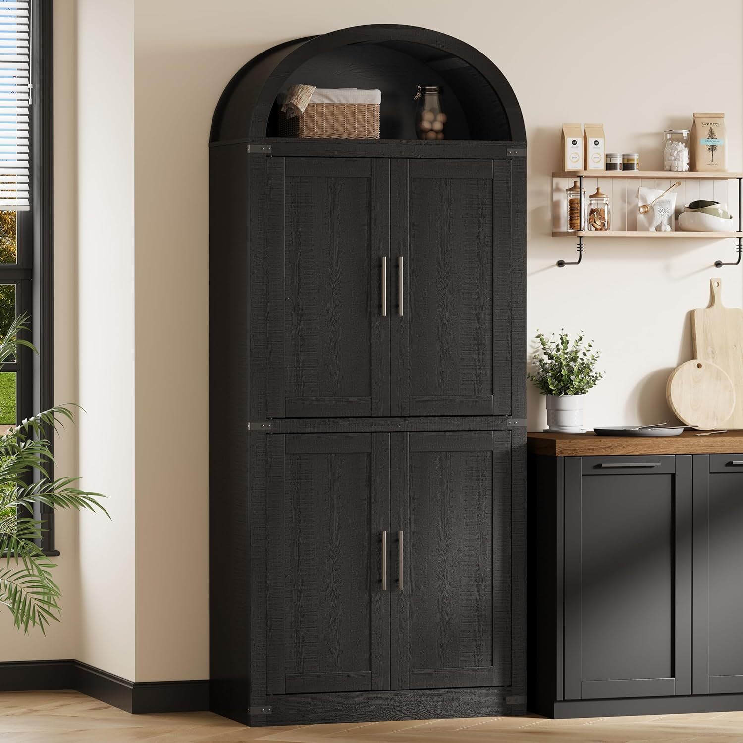 WhizMax XSN-PHO-330801-BLM 5 Tier Arched Bookcase 71.6 in Tall Kitchen Pantry Farmhouse Kitchen Storage Cabinet Large Bookshelf with Doors and Cabinets for Dining Room Black