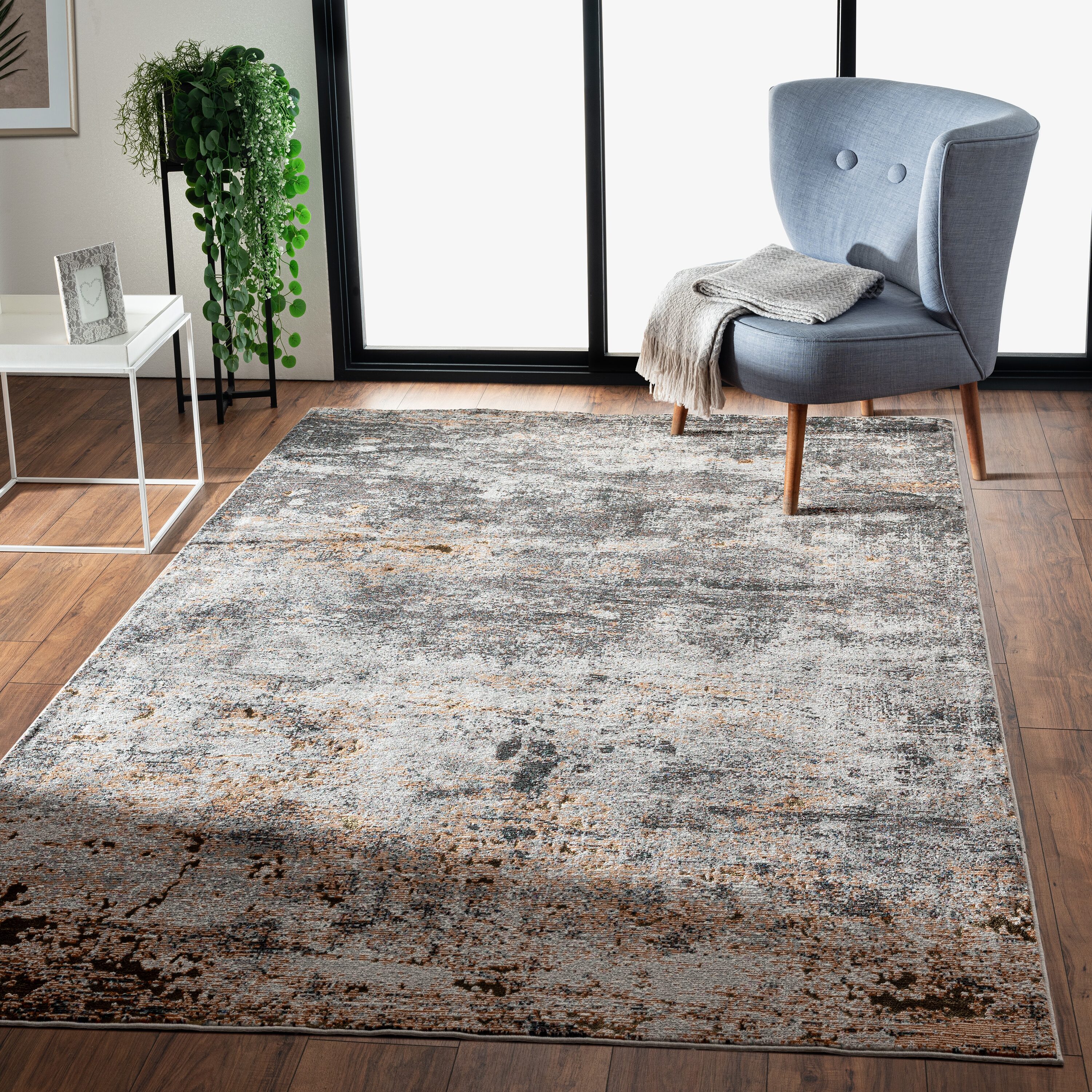 LR Home 4518A0084934J8 5 x 7 (ft) Loomed Polypropylene Dark Gray/Light Gray/Bronze/Orange Rectangular Indoor Abstract Rustic Area rug