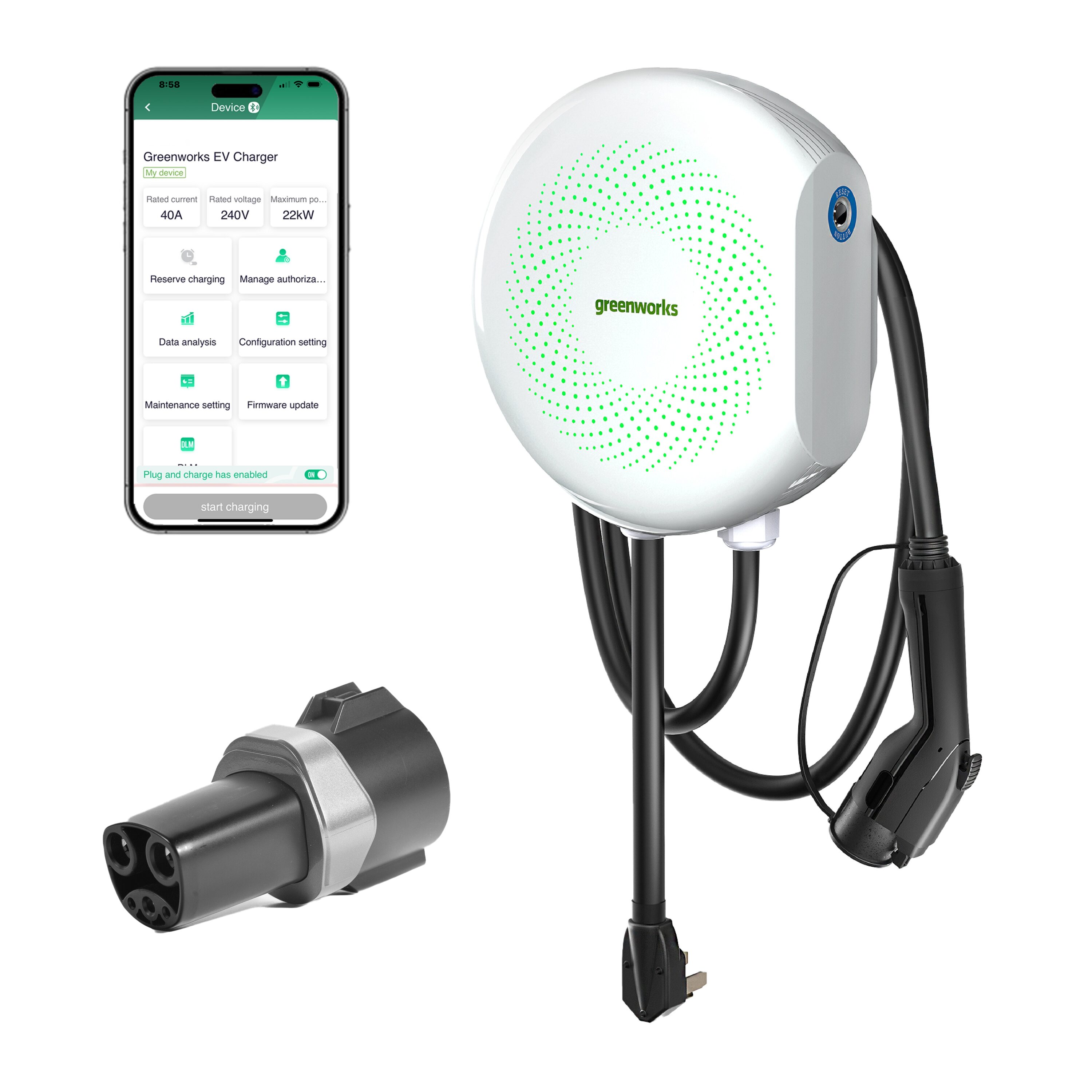 Greenworks EVC0640 Level 2 NEMA 10-50r Plug In EV Electric Vehicle Charging Station-up to 40 Amps/ 240-Volts with 20-ft Cable