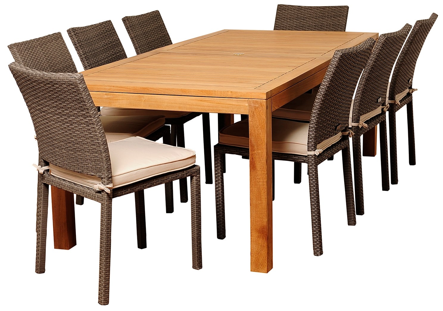 Envelor EN-IH-DAM9PCRT Damian 9-Piece Brown Wicker Patio Dining Set Wood Rectangle Table with 8 Off-white Cushions Stationary Chairs