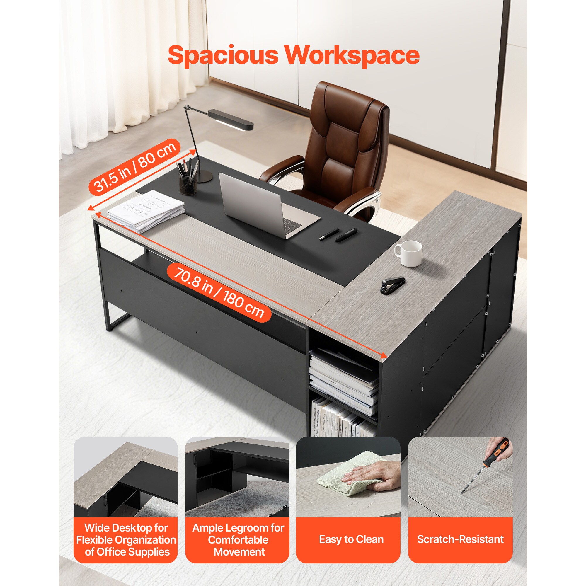 GIVIMO L-Shaped Executive Desk with 2 Lockable Drawers and Open Cabinet ...