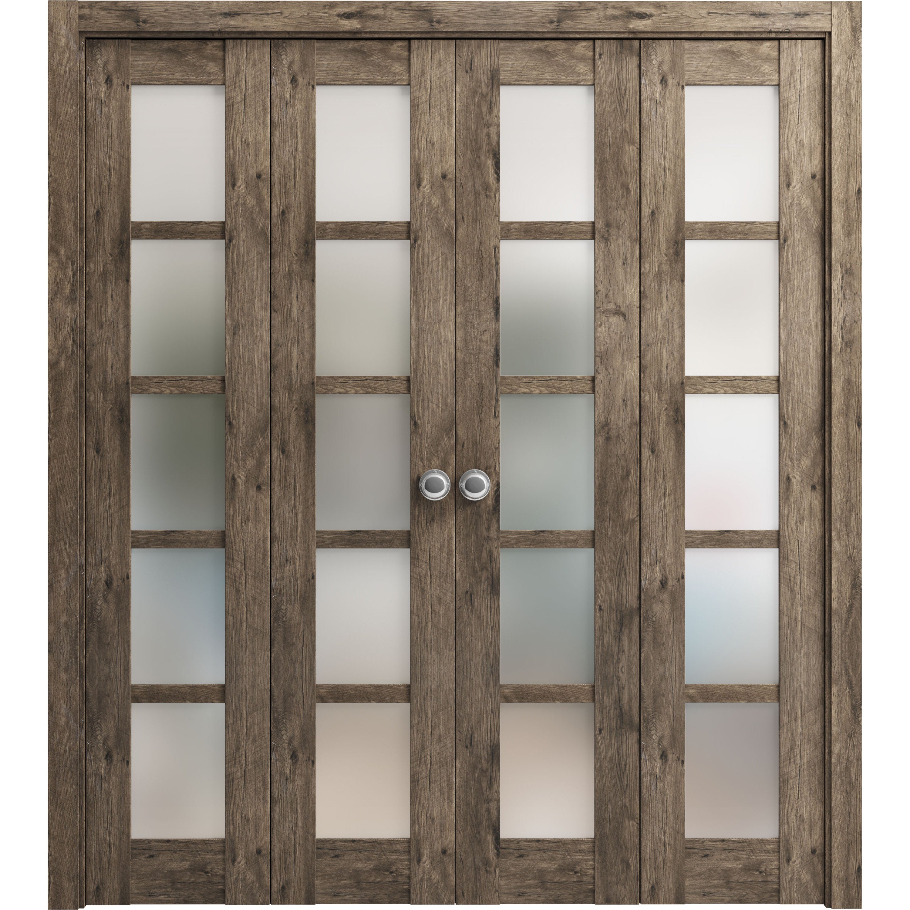 SARTODOORS Sliding Closet Double Bi-fold Doors 96 x 80 (4x 24x80) - Quadro 4002 Cognac Oak with Frosted Glass - Sturdy Tracks Moldings Trims Hardware Set - Wood Solid Bedroom Wardrobe Doors
