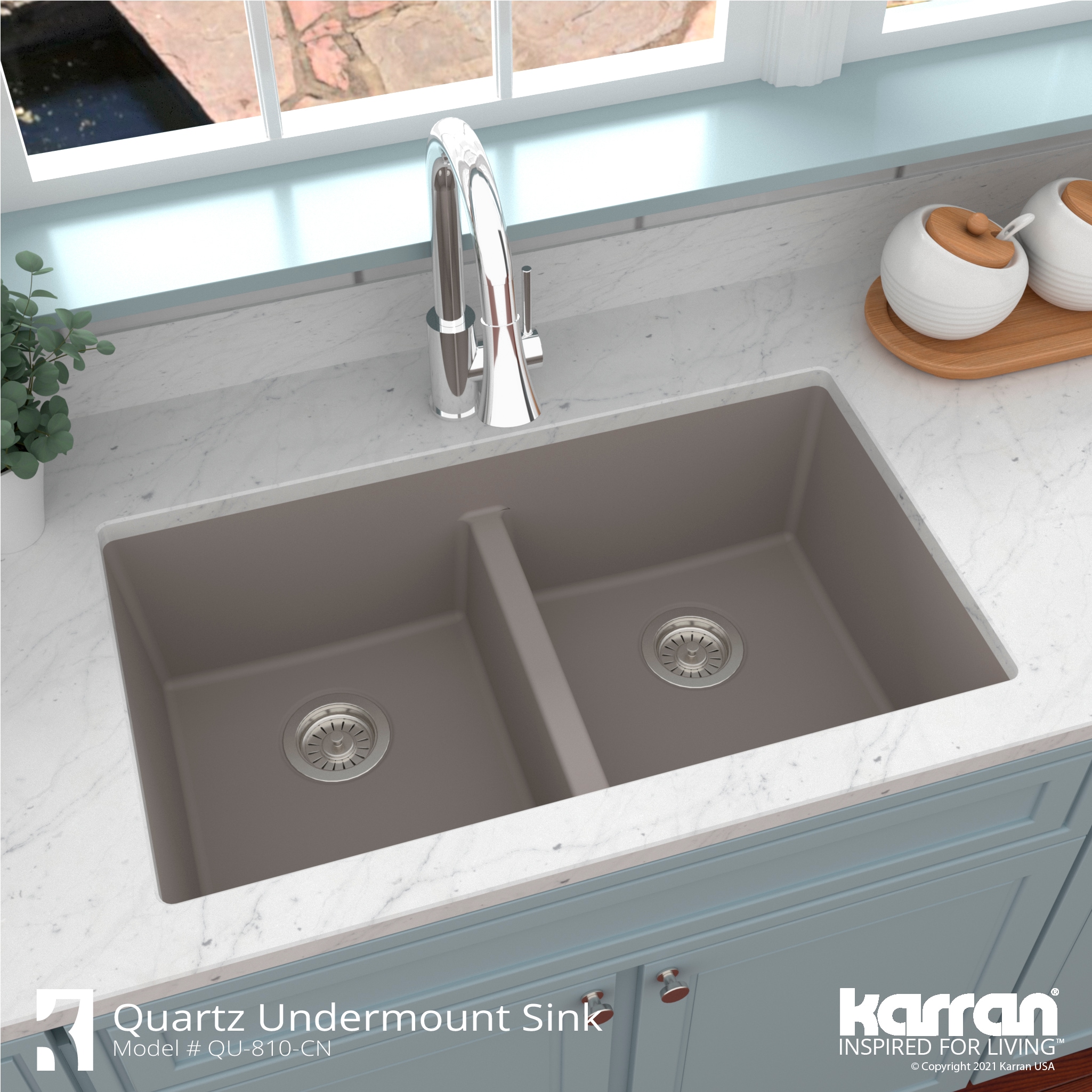 Karran QU-810 PK1 32 inch Undermount Double Bowl 50/50 Quartz Kitchen Sink Kit in White