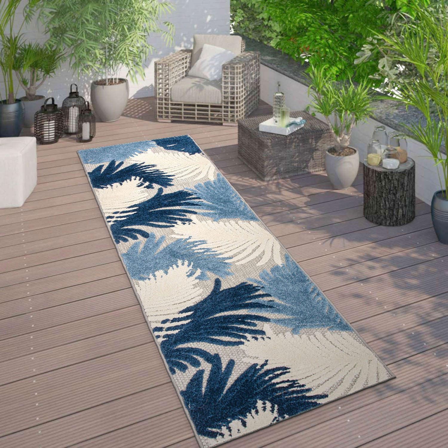 World Rug Gallery 8013NAVY2X7 Patio 2 x 7 (ft) Loomed Polypropylene Navy Rectangular Indoor/Outdoor Floral/Botanical Global Runner rug