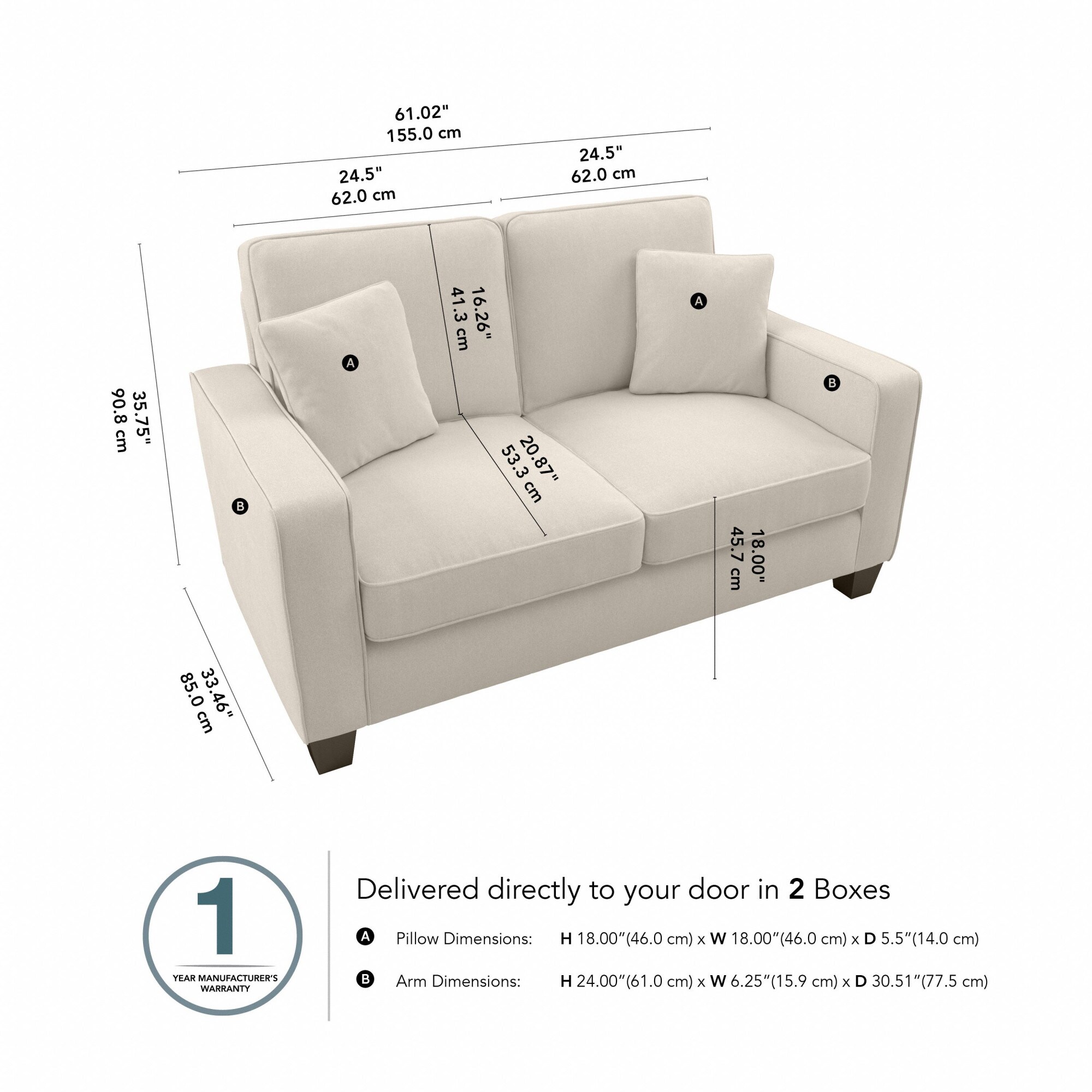 Cream Herringbone Fabric Loveseat with Track Arms and Removable Cushions