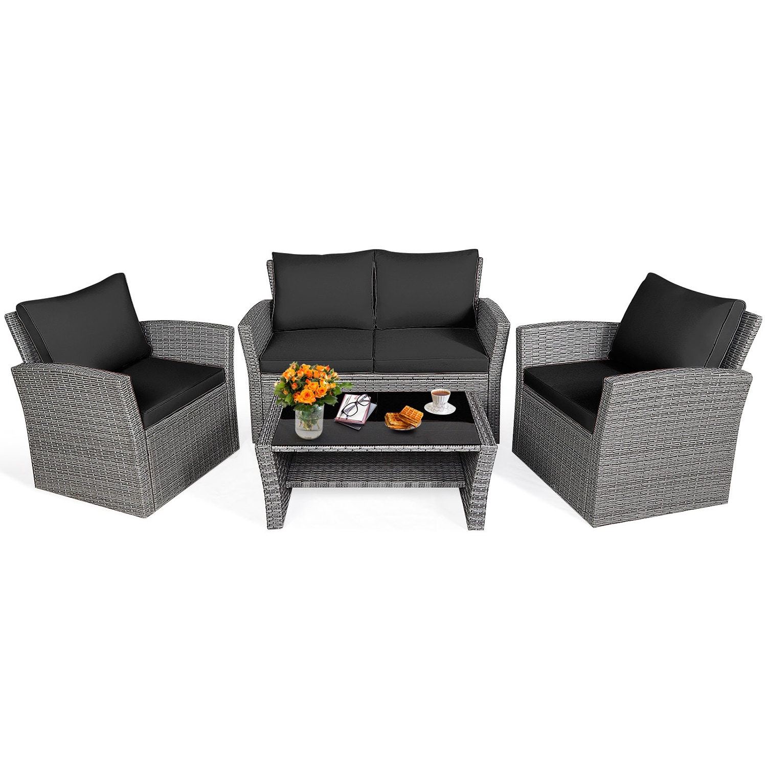 Forclover HYFC-7841DK 4 Pieces Patio Rattan Furniture Set Sofa Table with Storage Shelf Cushion-Black