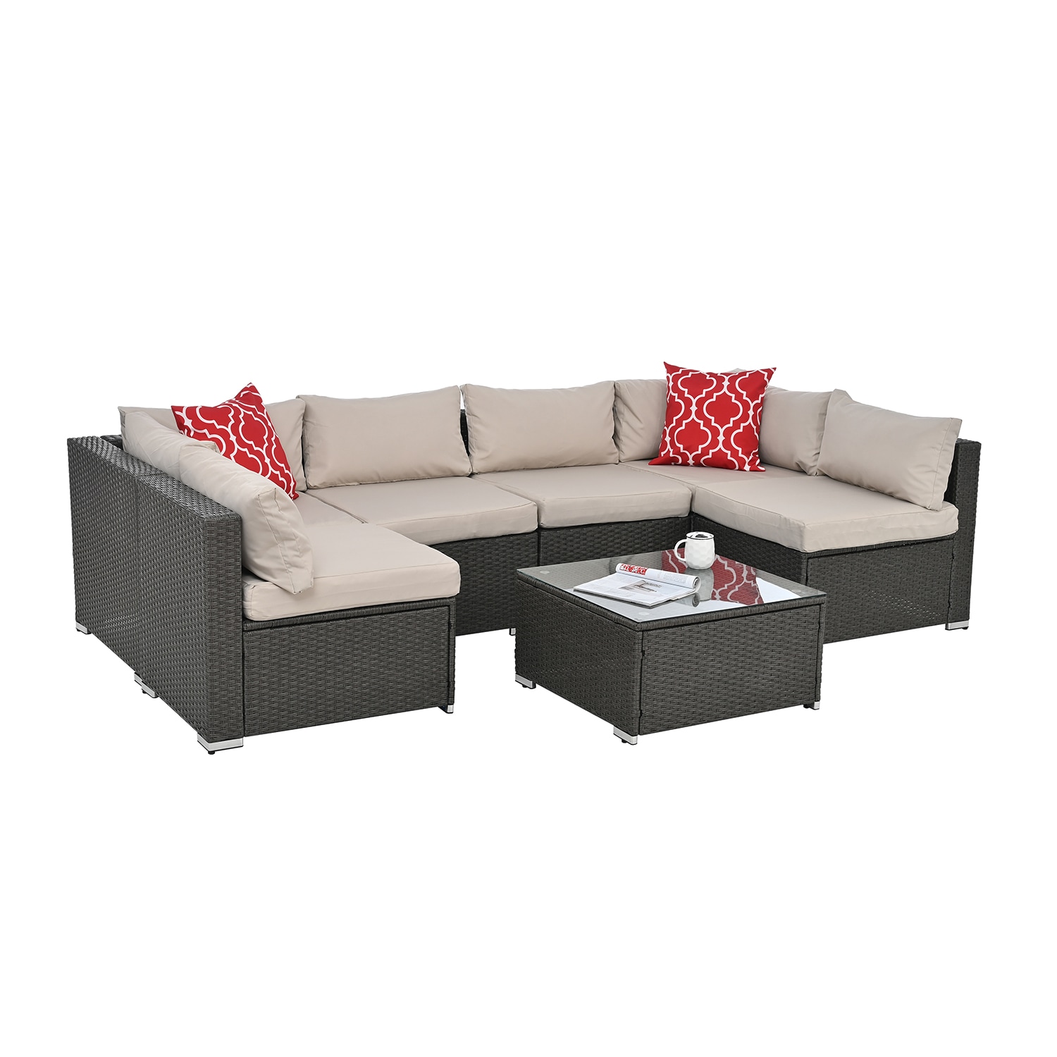 Bybafun YB7900017 Wicker Outdoor Sectional with Beige Cushions and Wicker Frame
