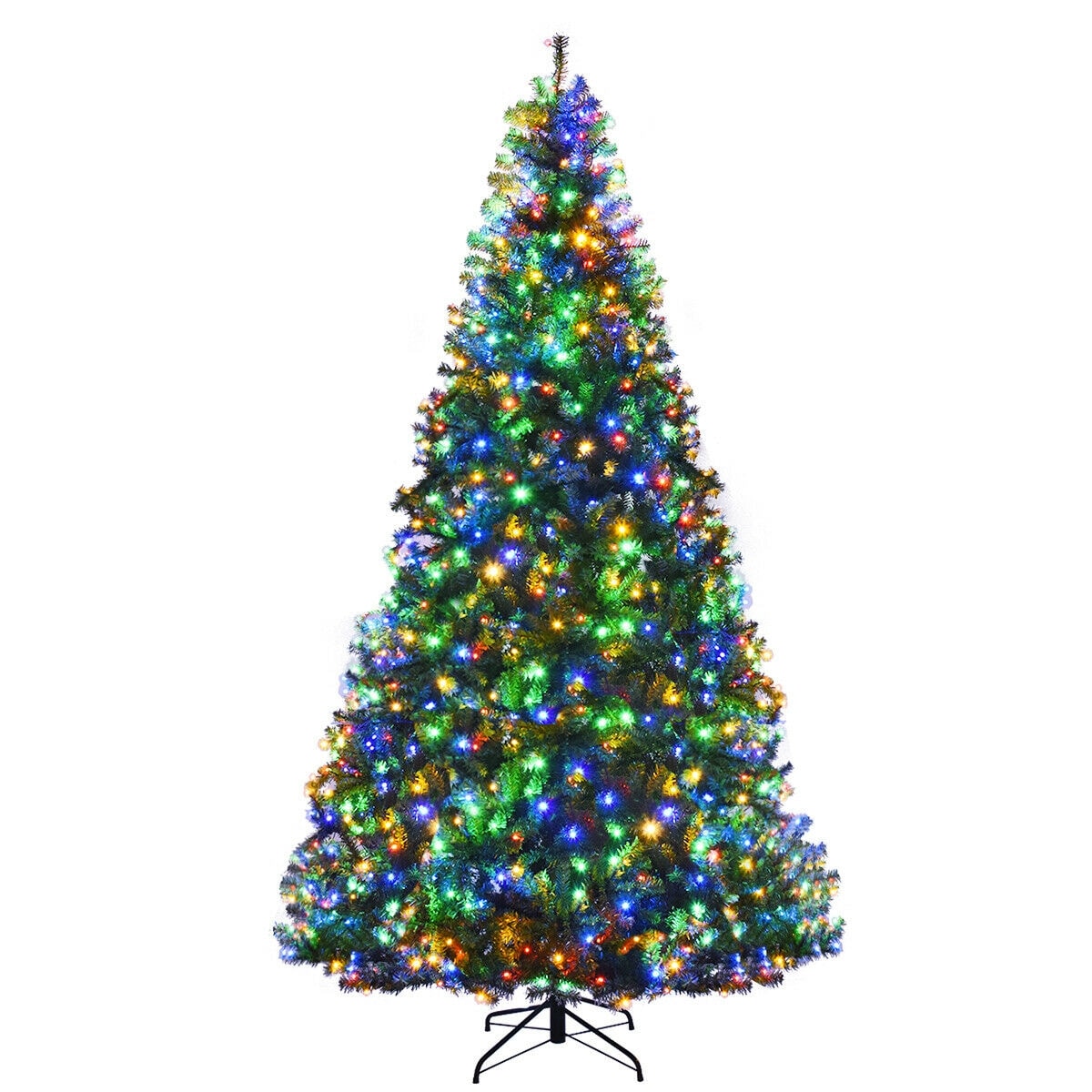 SUGIFT 9-ft Hinged Christmas Tree with Multi-Color LED Lights 11 Light Modes and 2944 Dense PVC Branch Tips 3-Piece Frame 19.7-in Metal Stand Button Controller and UL-Certified Adapter for Indoor Display in Large Rooms Foyers and Open Stairwells