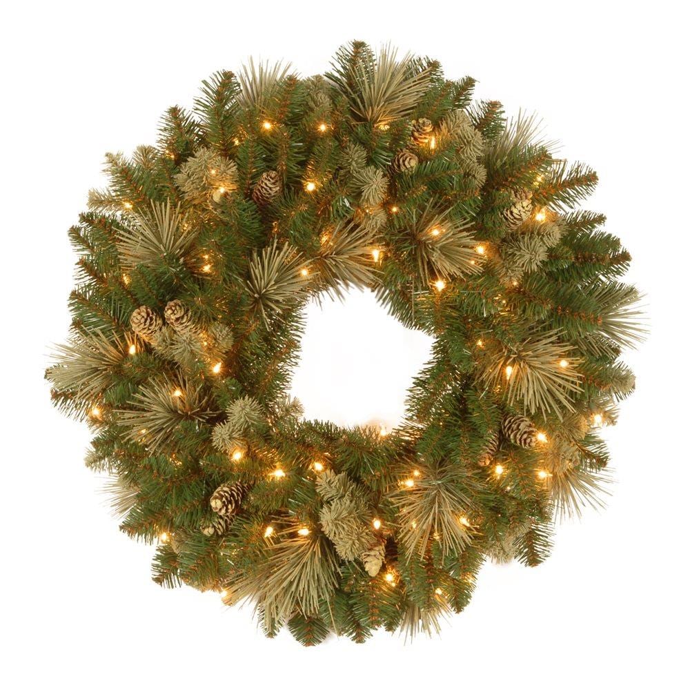 National Tree Company CAP3-306-30W-1 30-in Flocked Pre-lit Indoor/Outdoor Green Pine Artificial Christmas Wreath