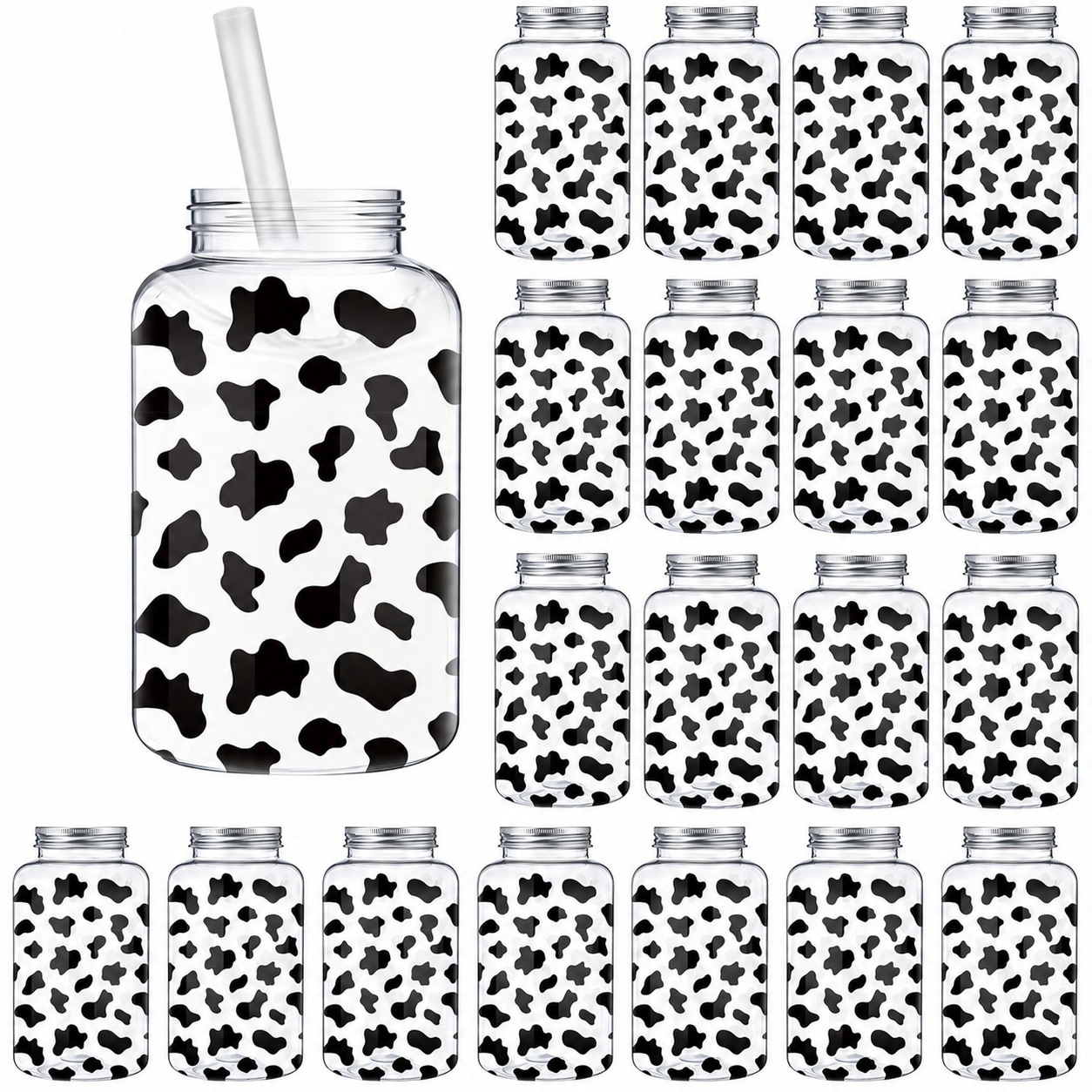 Aoibox 20 Pack Cow Print 16 oz Lid and Straw Clear Plastic Mason Jar Party Tumblers Western Theme Water Glass #LABX5S4H