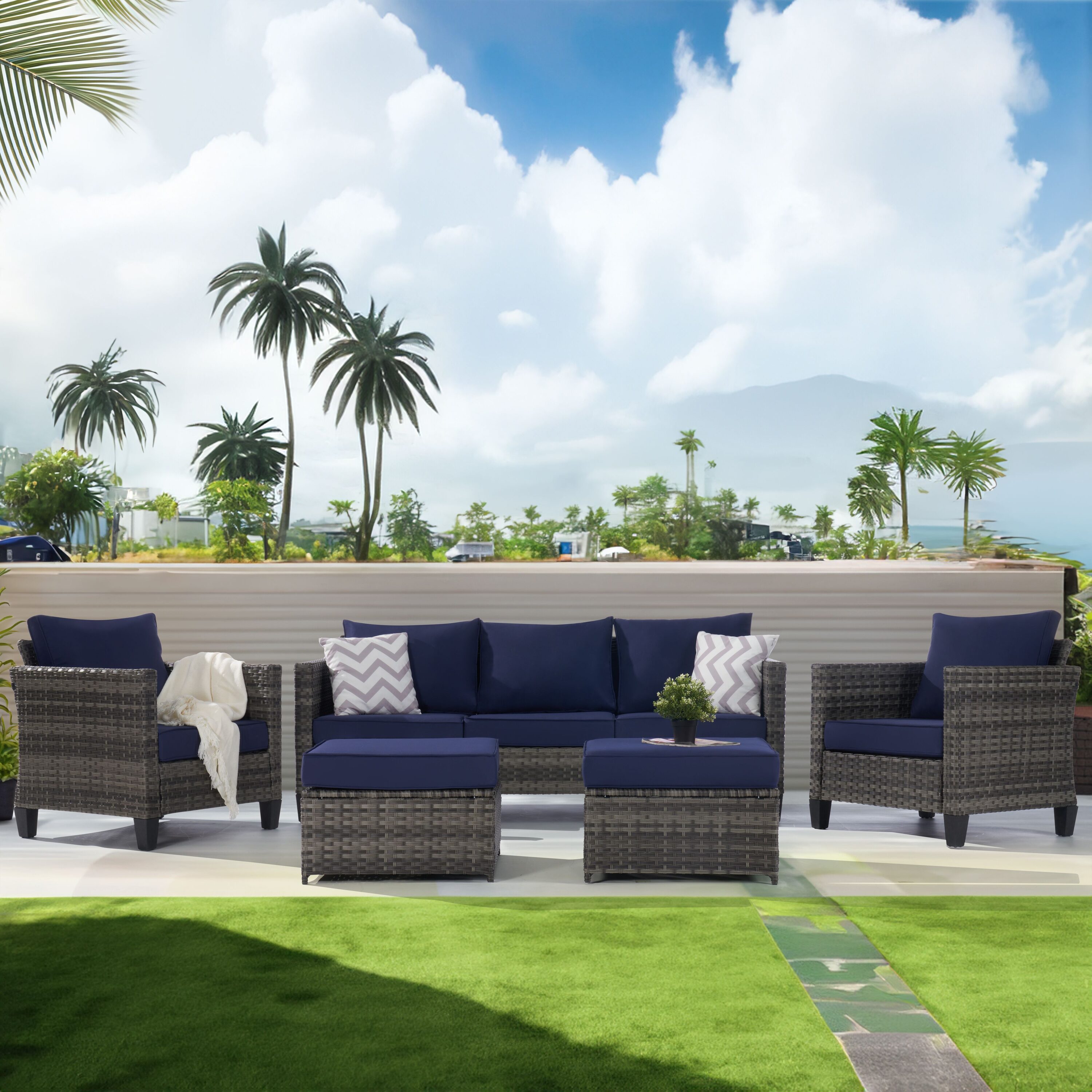 SANSTAR 5 -Piece Wicker Patio Sofa Conversation Set with Blue Polyester Cushions