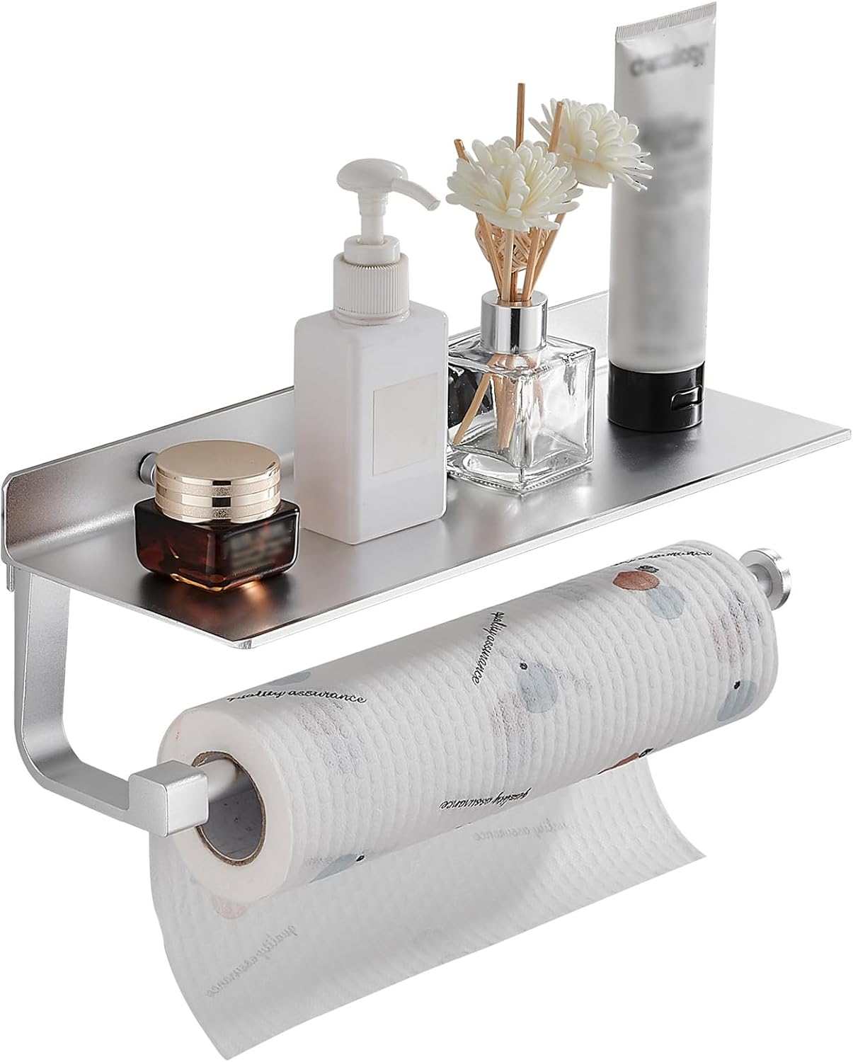 Atensils  Wall Mount Paper Towel Holder with Storage Shelf Aluminum Adhesive Roll Rack and Hand Towel Organizer for Kitchen and Bathroom