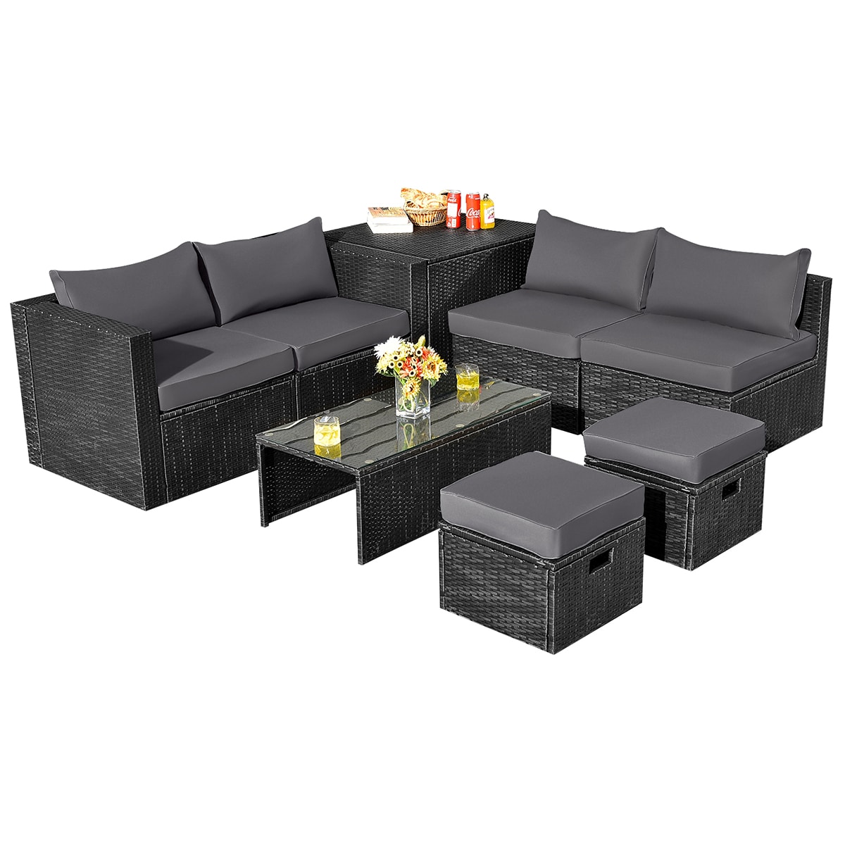 Forclover HYFE-68605GR 8 -Piece Rattan Patio Conversation Set with Gray Cushions