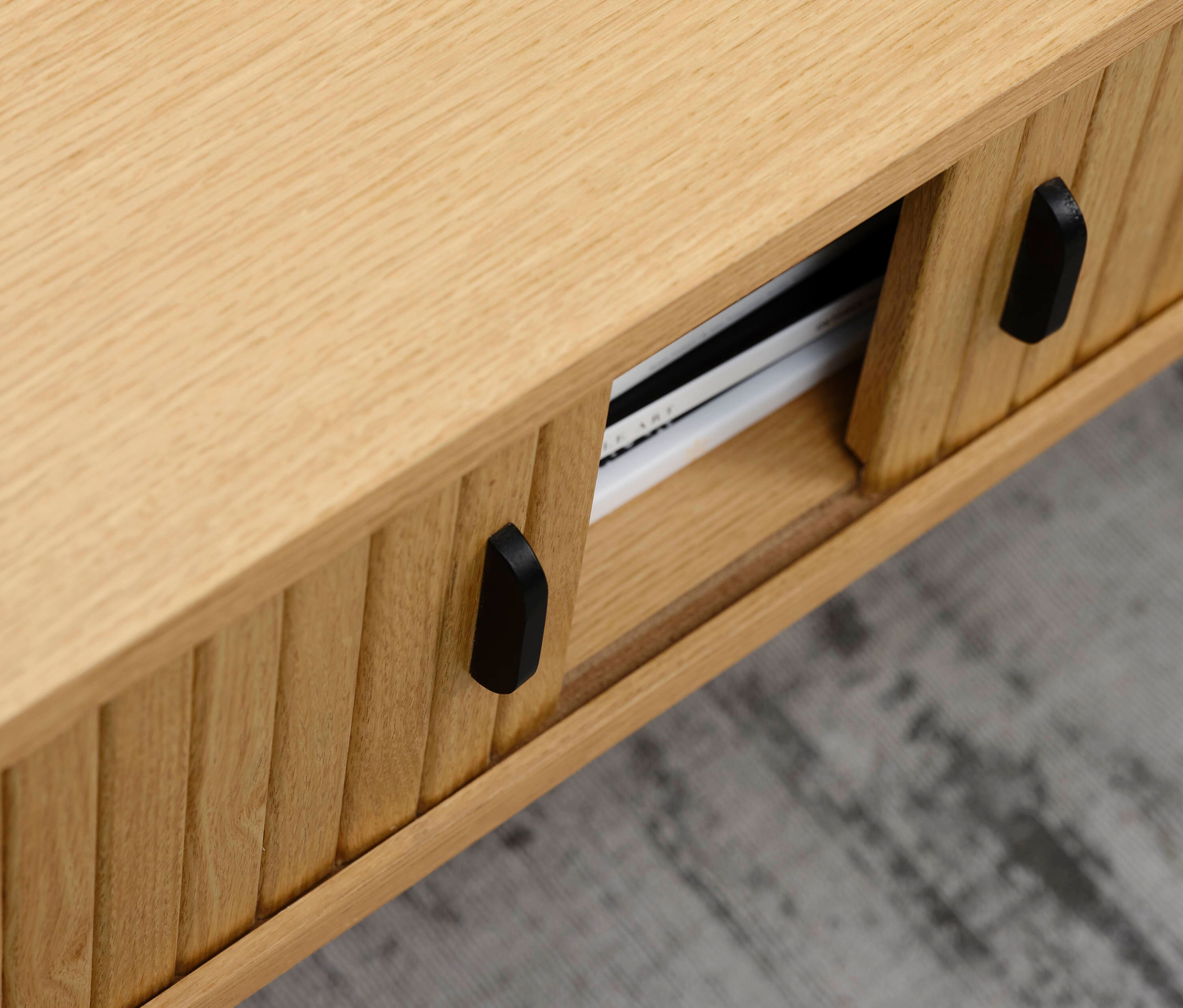 Natural Oak Oval Coffee Table with Black Metal Legs and Storage
