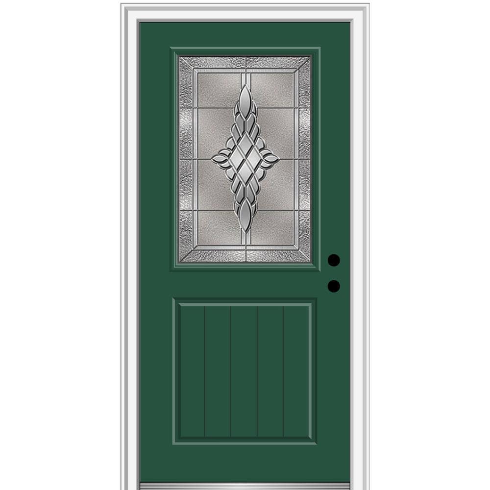 MMI DOOR ZZ3667062L 32-in x 80-in x 4-9/16-in Fiberglass Half lite Left-hand inswing Hunter Green Painted Prehung Front Door with Brickmould Insulating core